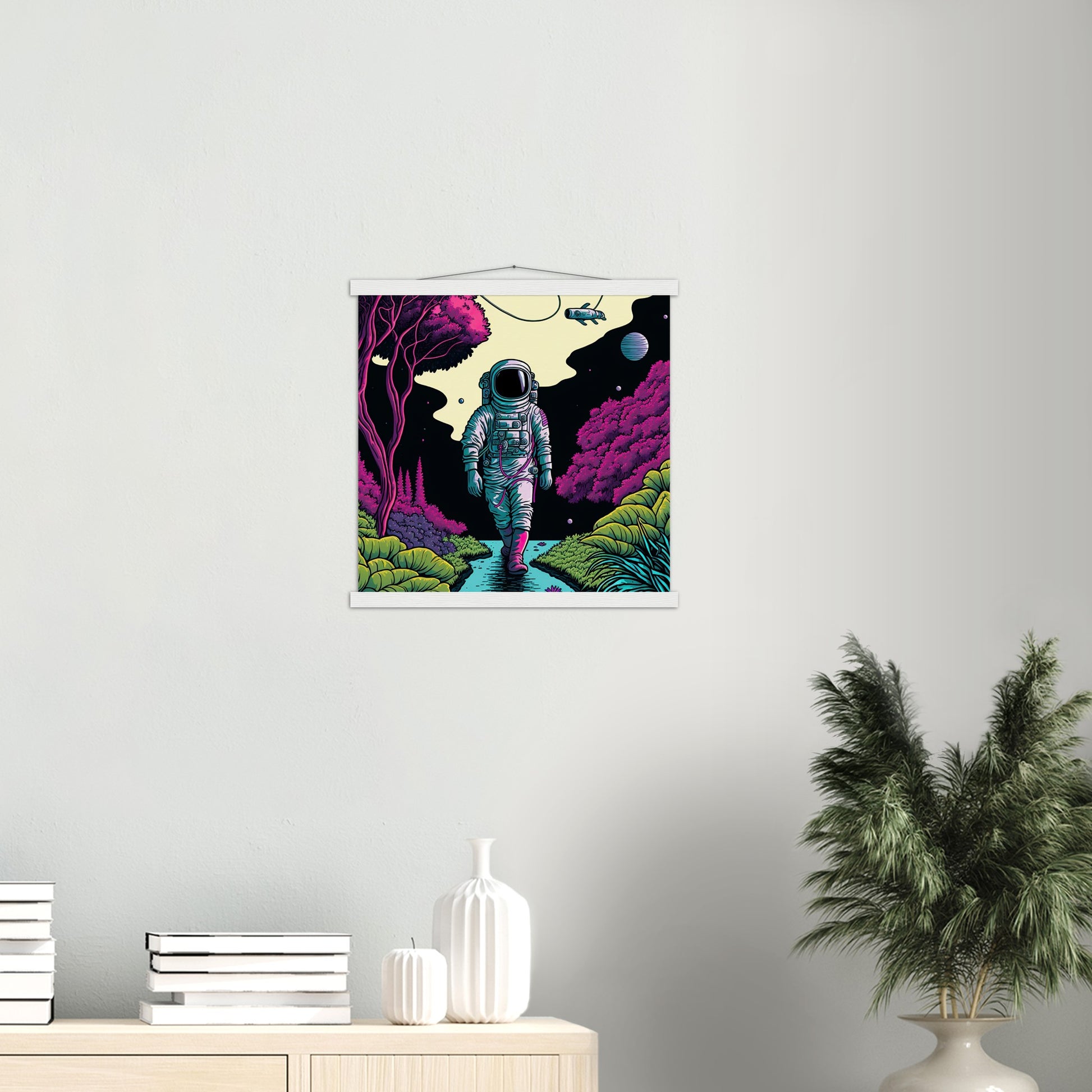 Poster mit Leisten (Holz) in Museumsqualität - Wandering Astronaut - Stephen - Illustration - Astronaut - Panorama - Rocketman - Posterleisten - USA - Fineart - Posterrahmen  - Wandkunst - Holzrahmen - Poster with frame - artwork - art brand - printed cup personalized - Holzleisten - pixelboys - Kunstdrucke - wandbilder - wall art - Kunst auf Tassen  - Office Poster - Gastrotassen - Wanddekoration - Acrylkunst - Geschenkidee - Office Poster - Acryldruck - Abstrakte Kunst -