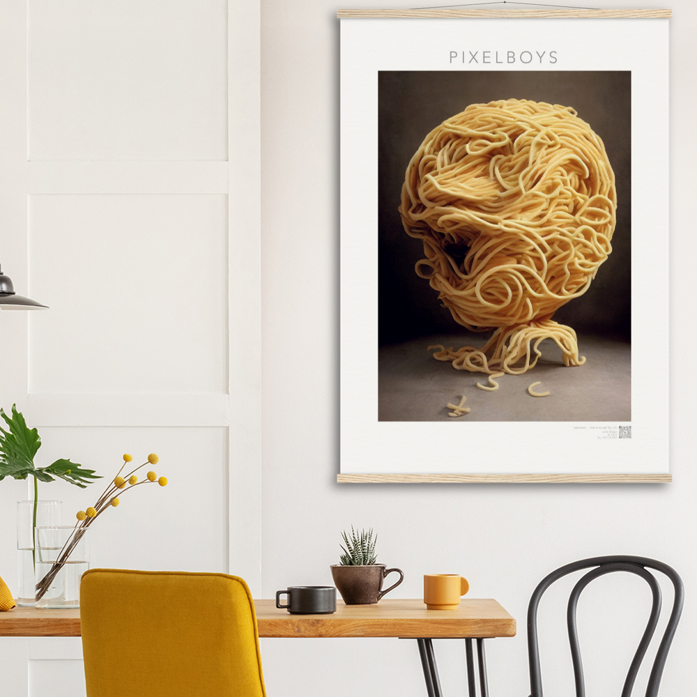 Poster mit Leisten (Holz) - Pastarized "The Shaping" - No.2 - Kunstwerk aus Nudeln - Kunst Marke - Pixelboys - Kunstdruck - Wandbild - Kunstdrucke - Papier: 250g/qm - Künstler: John Grayst & Pixelboys - Italienische Pasta Kunst - Küche- Italienisches Restaurant - China Restaurant - Japan Restaurant -  Pasta Liebe - Nudeln - Face - Atelier - Italien - Mailand - Neapel - Rom - Turin  