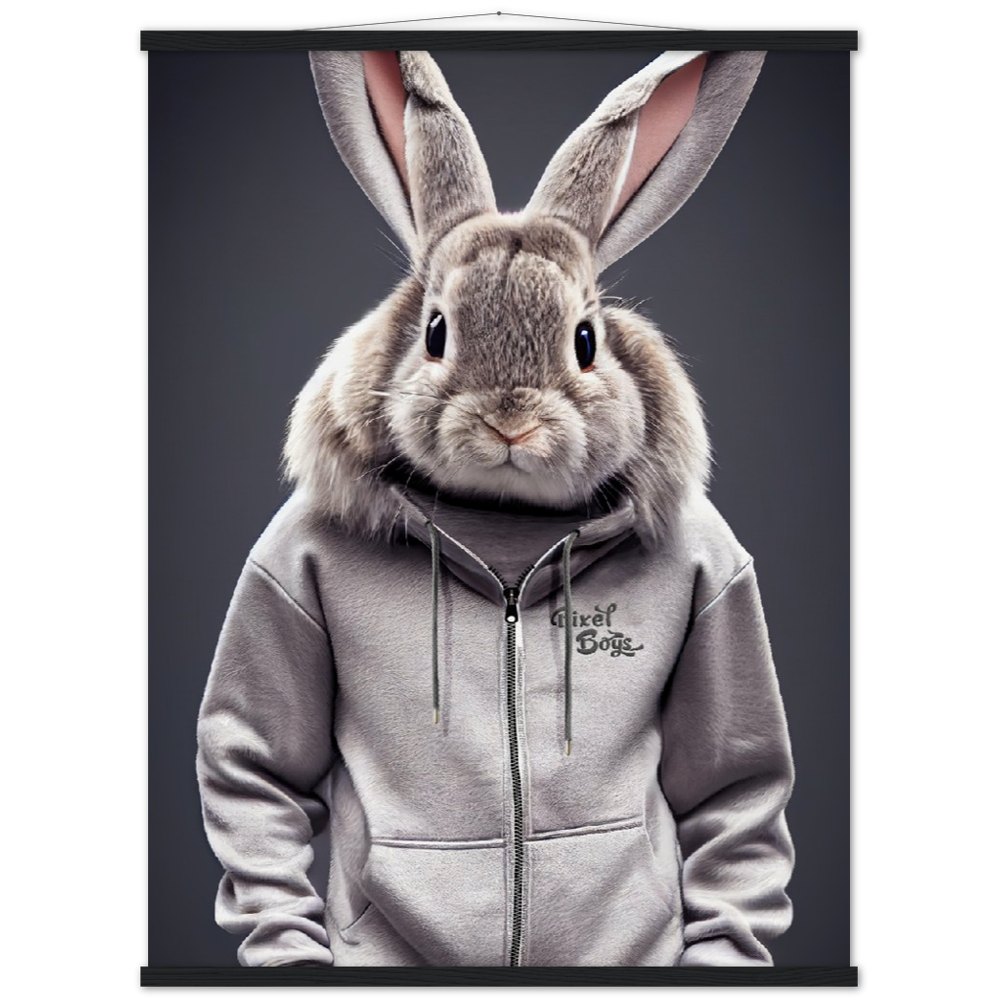 Poster mit Leisten (Holz) - Bunny in grey Tracksuit - "Titus" - Fashion Gang - Wandbild - Ostern - Geschenkidee - Osterhase - Bunny Crew: "Titus" - "Caesar" - "Constantin" - "Cleo" - Weisser Hase - Easter Bunny - Cute - grey tracksuit - sweats - Alice's Adventures in Wonderland - Modemarke - Pixelboys Brand - Constantin der Hase - Hase - Kaninchen  - Künstler: "Pixelboys" - Atelier - Germany - Berlin - Hamburg - Colgne - France - Paris - Italy - Rom - USA - America - New York City - Los Angeles - Chicago - 