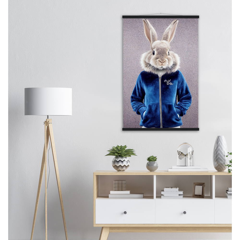 Poster mit Leisten (Holz) - Bunny in blue Tracksuit - "Caesar" - Gang - Wandbild - Ostern - Geschenkidee - Osterhase - Bunny Crew: "Caesar" - "Constantin" - "Titus" - "Cleo" - Weisser Hase - Easter Bunny - Cute - blue Tracksuit - sweats - Gang - Modemarke -Pixelboys Brand - Caesar der Hase - Meister Lampe - Hase - Kaninchen - Karnickel - Stallhase - Künstler: "Pixelboys" - Atelier - Germany - Berlin - Hamburg - Colgne - France - Paris - Italy - Rom - USA - America - New York City - Los Angeles - Chicago - 