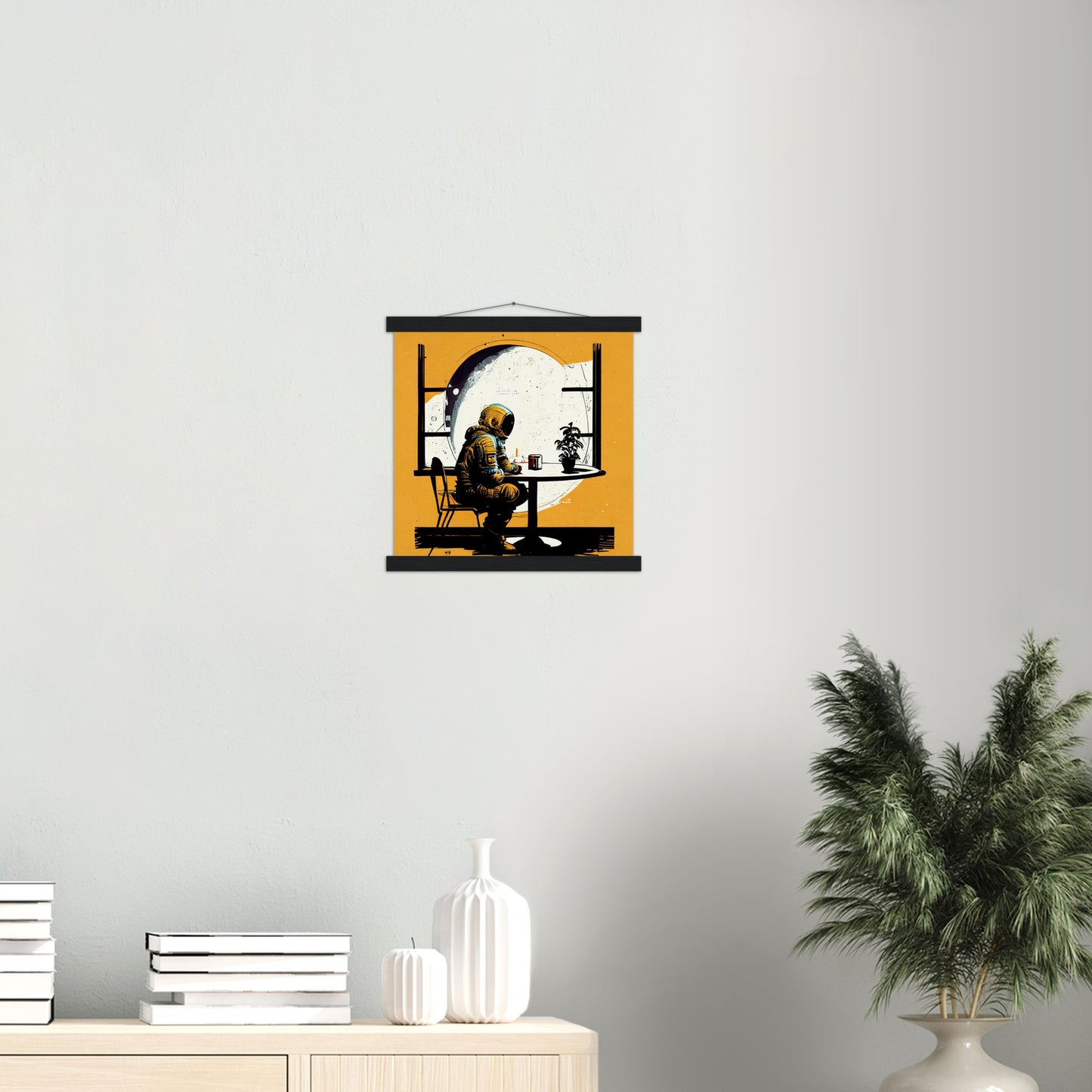 Poster mit Leisten (Holz) in Museumsqualität - The waiting Astronaut - Michael - Illustration - Astronaut - Waiting - Posterleisten - USA - Fineart - Posterrahmen  - Wandkunst - Holzrahmen - Poster with frame - people of color - artwork - art brand - printed cup personalized - Holzleisten - pixelboys - Kunstdrucke - wandbilder - wall art - Kunst auf Tassen  - Office Poster - Gastrotassen - Wanddekoration - Acrylkunst - Geschenkidee - Office Poster - Acryldruck - Abstrakte Kunst -