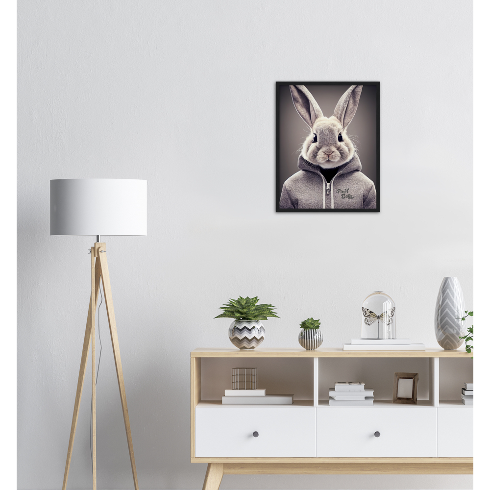 Poster mit Rahmen (Holz) - Bunny in grey Hoodie - "Constantin" - Fashion Gang - Wandbild - Ostern - Geschenkidee - Osterhase - Bunny Crew: "Constantin" - "Caesar" - "Titus" - "Cleo" - Weisser Hase - Easter Bunny - Cute - grey Hoodie - sweats - Alice's Adventures in Wonderland - Modemarke - Pixelboys Brand - Constantin der Hase - Hase - Kaninchen  - Künstler: "Pixelboys" - Atelier - Germany - Berlin - Hamburg - Colgne - France - Paris - Italy - Rom - USA - America - New York City - Los Angeles - Chicago - 