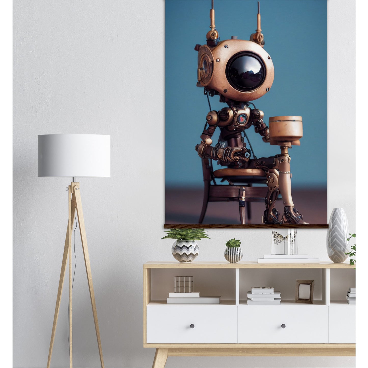 Poster mit Leisten (Holz) in Museumsqualität - Tiny robot with a present - "Tiny Sam" - Wandbild - Customizable Coffee Cup - Personalized Gifts - Kunstdruck - Roboter mit Geschenk - Steampunk - Acryldruck - Present Robots - Personalized Gifts - Poster with frame - nr.5 lebt - zukunft - Kunstwerk - Office Poster - Poster mit Rahmen - Kaffee Tasse  - Bedruckte Tassen - Kunst Marke - Art Brand - Wandbild - Kunstdrucke - Künstler: John Grayst & Pixelboys - emotional robots - Geschenkidee - Wall Art -