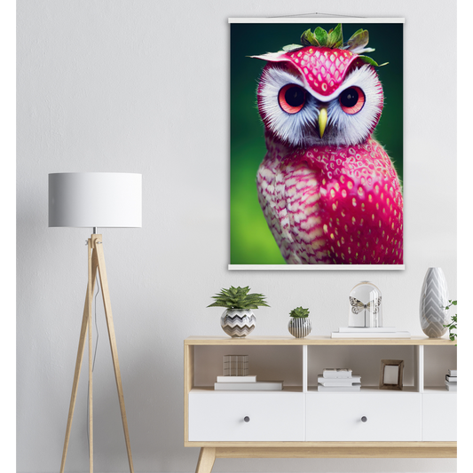 Poster mit Leisten (Holz) - Fruit Owl No. 2 - "Berry", the Strawberry Owl - Serie Fruit Owls - Wandkunst - Kunstdruck - (fiktiv: lat.  Pulsatrix Fragaria) - Erdbeere - Schleiereulen - Fruchteulen - Vogel - Bird - Strigiformes - Noctua - Ornithologie - Kunstwerk  - Office Poster - Poster mit Rahmen - Kaffee Tasse - Poster mit Leisten - Bedruckte Tassen - Kunst Marke - Art Brand - Acrylbild - Wandbild - Kunstdrucke - Papier: 250g/qm - Künstler: John Grayst & Pixelboys - Eulen - Owl - Geschenkidee - 