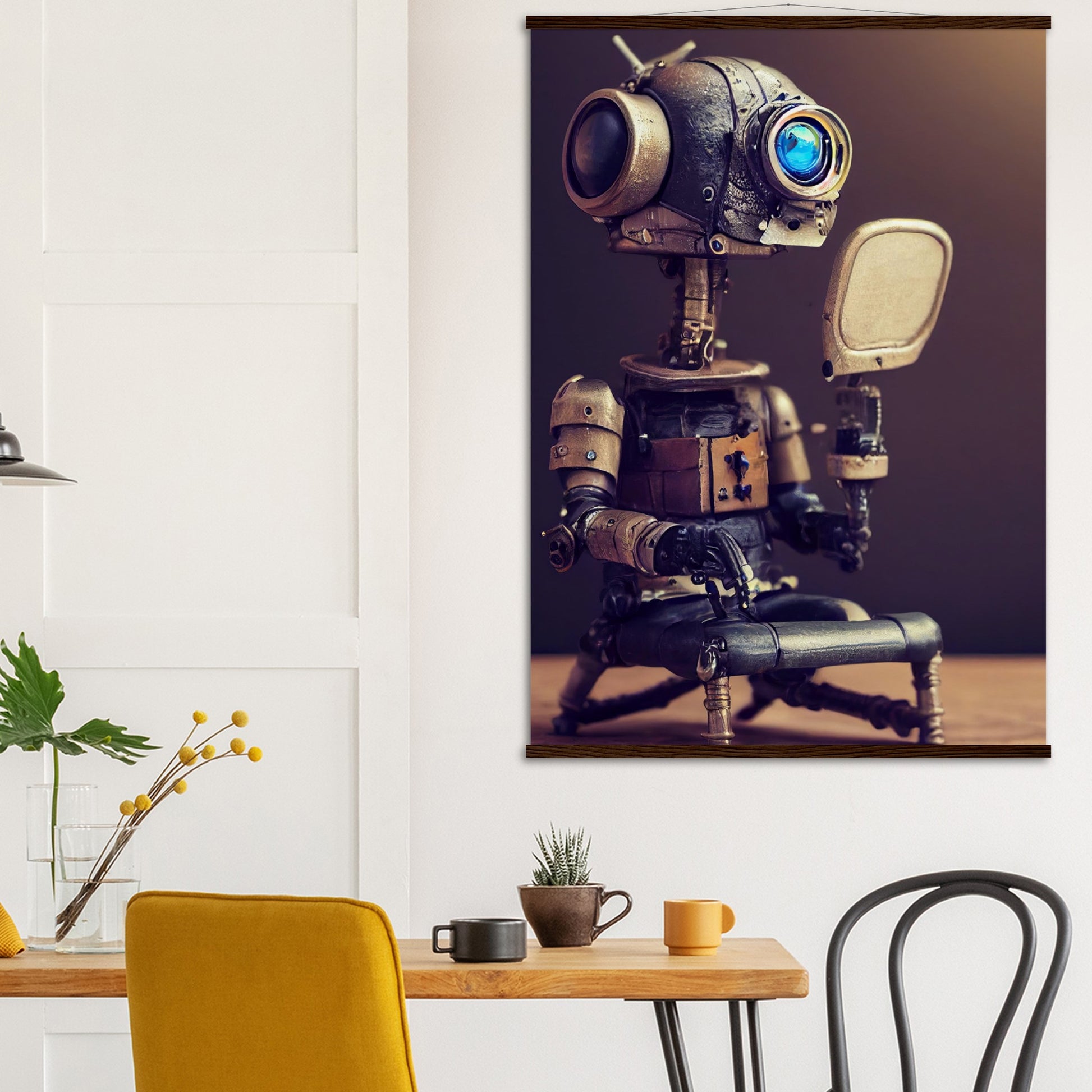 Poster mit Leisten (Holz) in Museumsqualität - Tiny robot with a mirror - Hitoshi 人 - Wall Art - Spiegel - Acryldruck - Wandkunst - Customizable Coffee Cup - Personalized Gifts - Kunstdruck - Kleine Roboter - Acryldruck - Little Robots - Personalized Gifts - Tiny  - Steampunk - zukunft - Poster with frame - Kunstwerk - Office Poster - Poster mit Rahmen - Kaffee Tasse - Poster - Bedruckte Tassen - Kunst Marke - Art Brand - Kunstdrucke - Künstler: John Grayst & Pixelboys - emotional robots - Geschenkidee - 