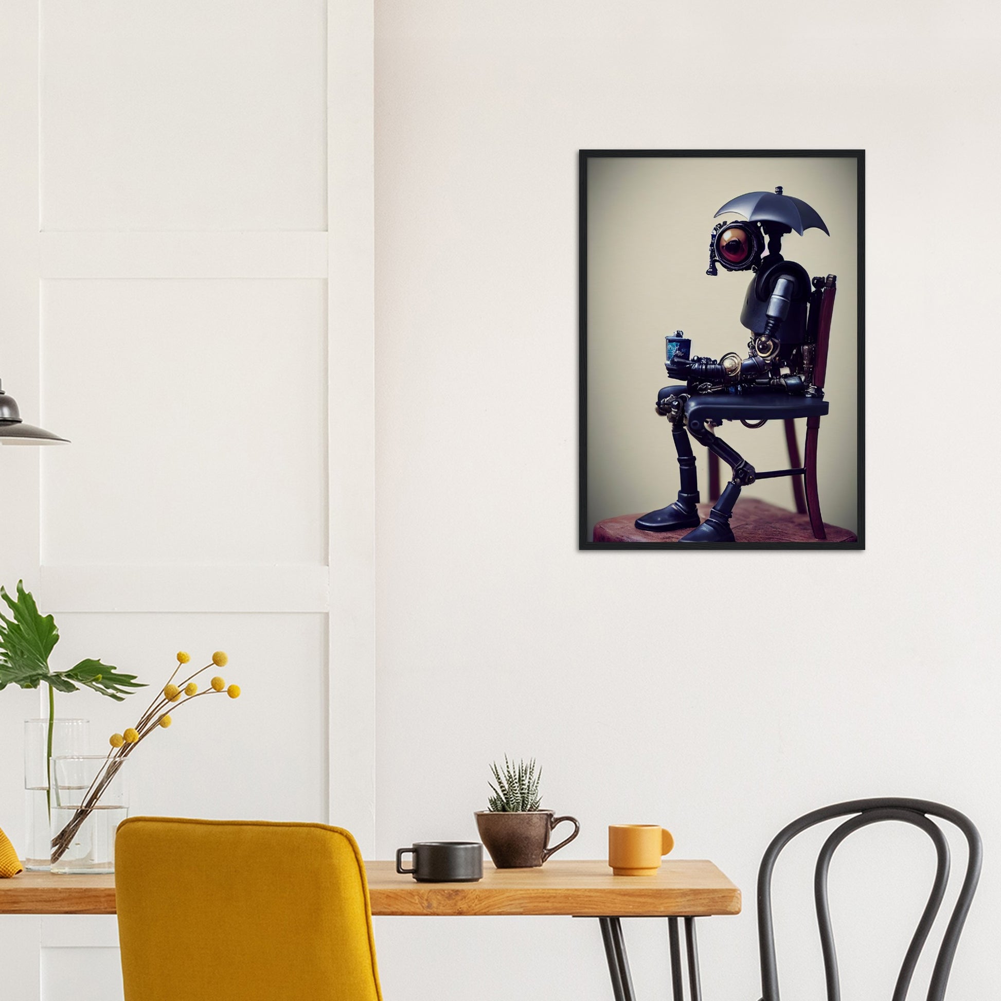 Poster mit Rahmen (Holz) in Museumsqualität - Tiny robot with an umbrella "Louis" - Regenschirm - Acryldruck - Wandkunst - Customizable Coffee Cup - Personalized Gifts - Kunstdruck - Kleine Roboter - Acryldruck - Little Robots - Personalized Gifts - Tiny  - Steampunk - zukunft - Poster with frame - Kunstwerk - Office Poster - Poster mit Rahmen - Kaffee Tasse - Poster - Bedruckte Tassen - Kunst Marke - Art Brand - Kunstdrucke - Künstler: John Grayst & Pixelboys - emotional robots - Geschenkidee -