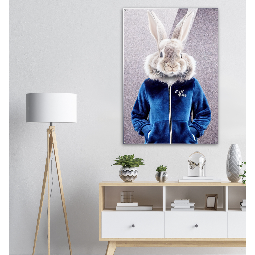 Acrylbild - Bunny in blue Tracksuit - "Caesar" - Fashion - Gang - Wandbild - Acryldruck - Ostern - Geschenkidee - Osterhase - Bunny Crew: "Caesar" - "Constantin" - "Titus" - "Cleo" - Weisser Hase - Easter Bunny - Cute - blue Tracksuit - sweats - Gang - Modemarke -Pixelboys Brand - Caesar der Hase - Meister Lampe - Hase - Kaninchen - Karnickel - Künstler: "Pixelboys" - Atelier - Germany - Berlin - Hamburg - Colgne - France - Paris - Italy - Rom - USA - America - New York City - Los Angeles - Chicago - 