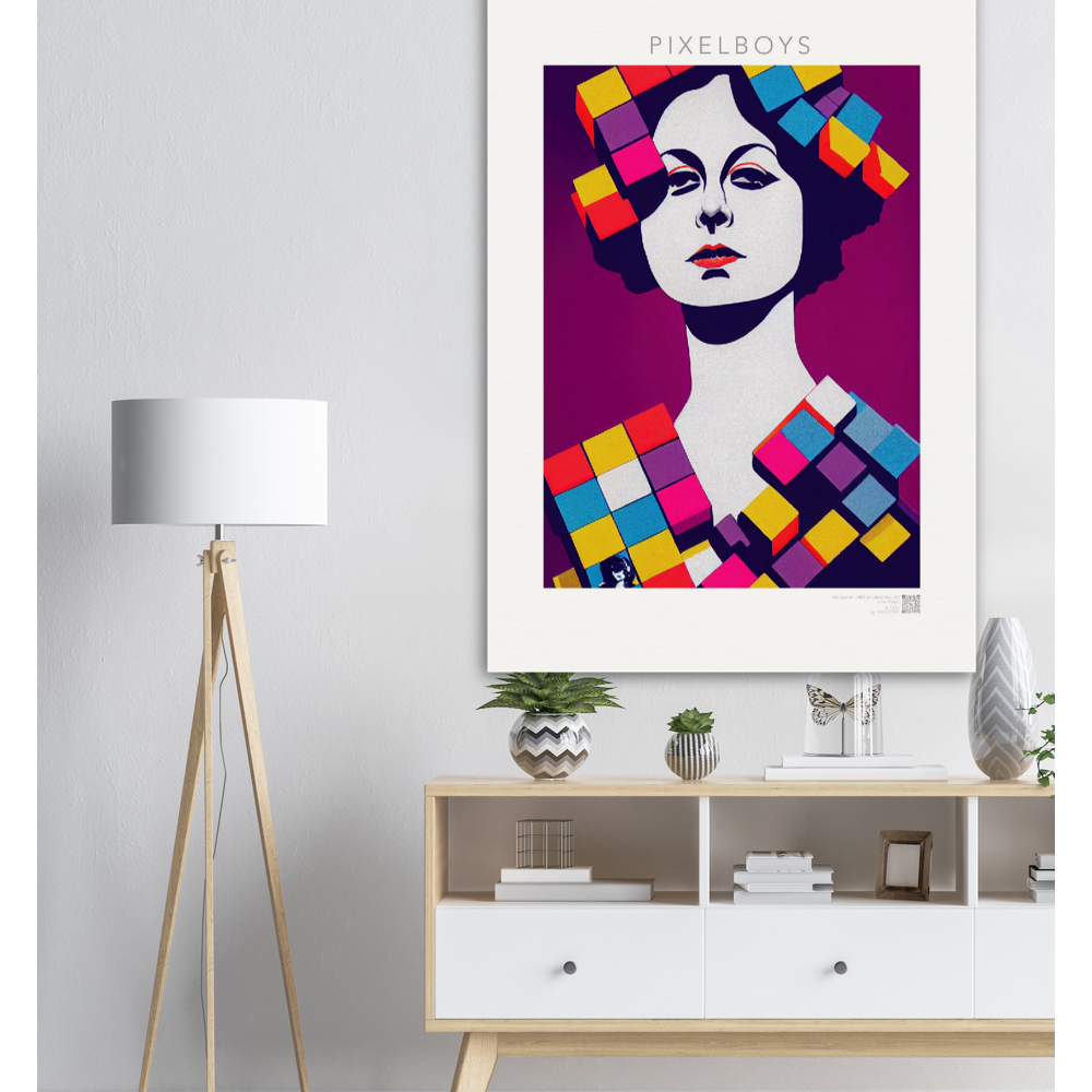 Poster in Museumsqualität - The Queen No.1 - HRH in cubes - Kunstdruck - 250g/qm - Queen Elisabeth II - Monarch - HRH - His/Her Royal Highness - Groß Britannien - Commonwealth - The Royal Family - Wandbild - Kubismus - synthetischen Kubismus - Georges Braque - Künstler: "John Grayst" - Atelier - UK - GB - London - 