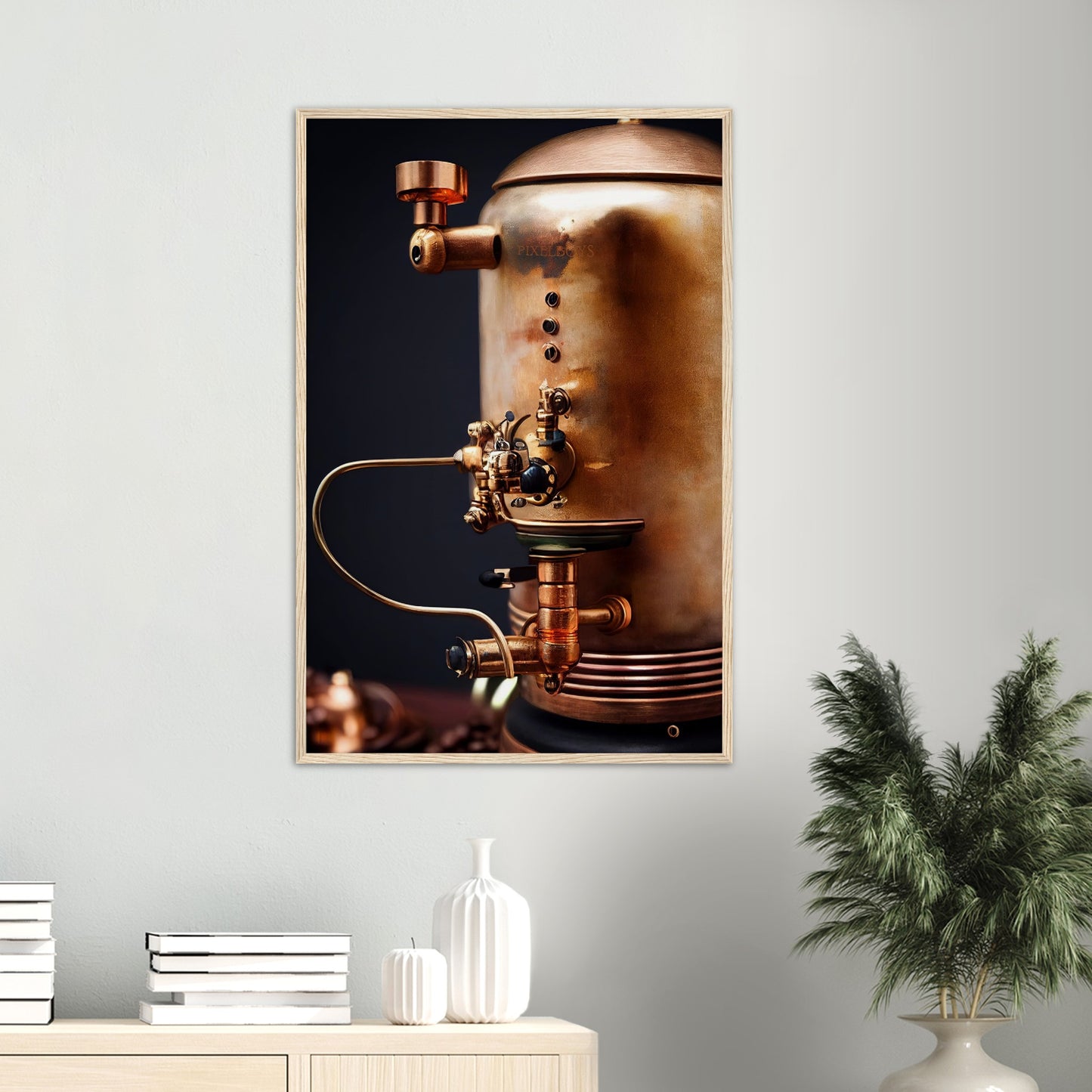  Poster mit Rahmen (Holz) - Steampunk - Coffee Maker - No.5 - Collection Cup - Pixelboys - Wandbild - Kunstwerk - Hotelkunst - Kunst auf Postern - Fine Art - Steampunk - Future - Maschine - Poster with frame - Office Poster - Art Brand - Pixelboys - Coffee House - Restaurant Poster - Wall Art - Kunstdruck - Geschenkidee - Kunst auf Acrylglas - Future Coffee Cup - Personalisierbare Tasse - Gastro Tasse - exklusiv - Acryldruck - Gastronomie Poster - Hotelposter - Steam Punk Kitchen -   