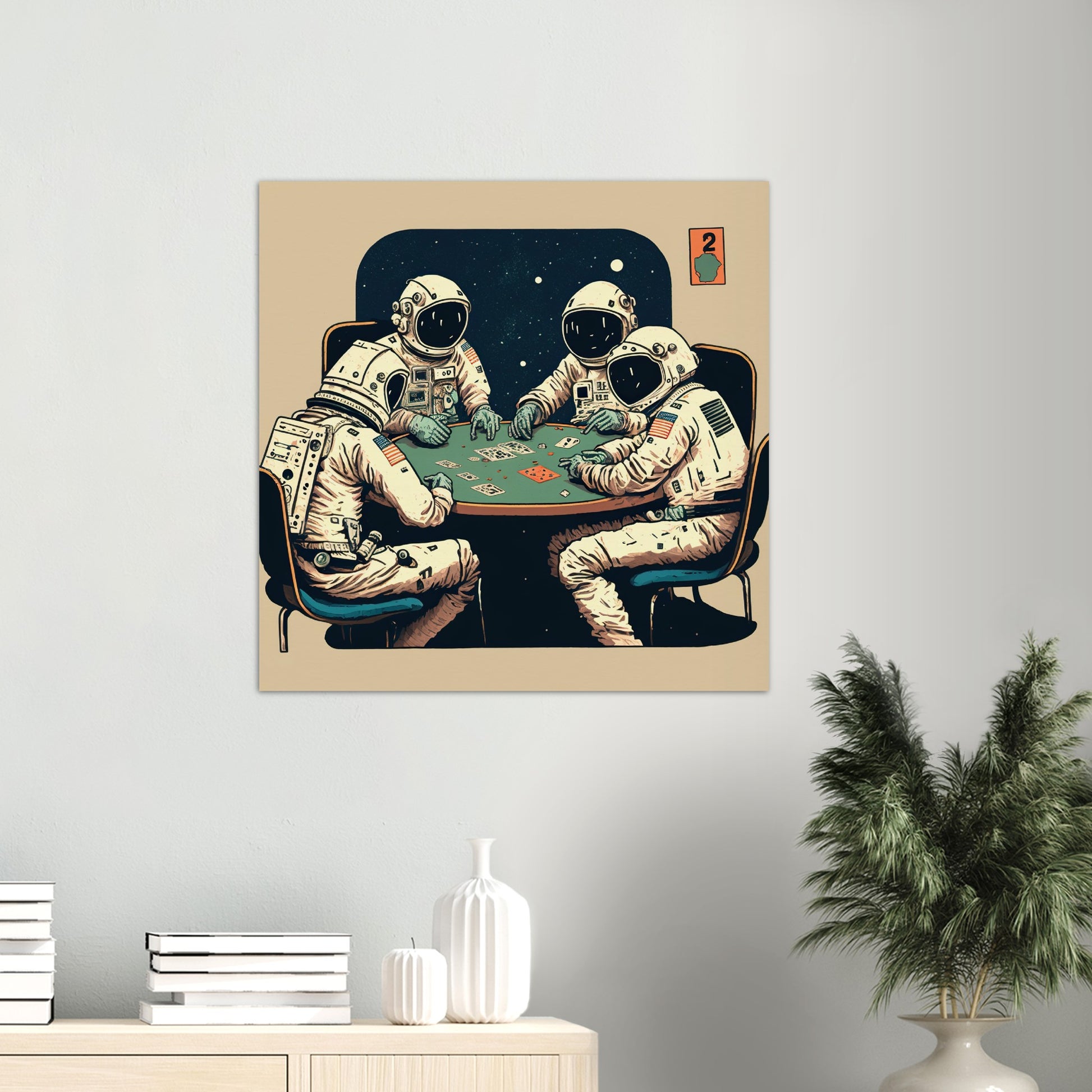 Poster in Museumsqualität - Gambling Astronauts - Illustration - Astronaut - Poker - Rocketman - Posterleisten - USA - Fineart - Posterrahmen  - Wandkunst - Holzrahmen - Poster with frame - artwork - art brand - printed cup personalized - Holzleisten - pixelboys - Kunstdrucke - wandbilder - wall art - Kunst auf Tassen  - Office Poster - Gastrotassen - Wanddekoration - Acrylkunst - Geschenkidee - Office Poster - Acryldruck - Abstrakte Kunst -