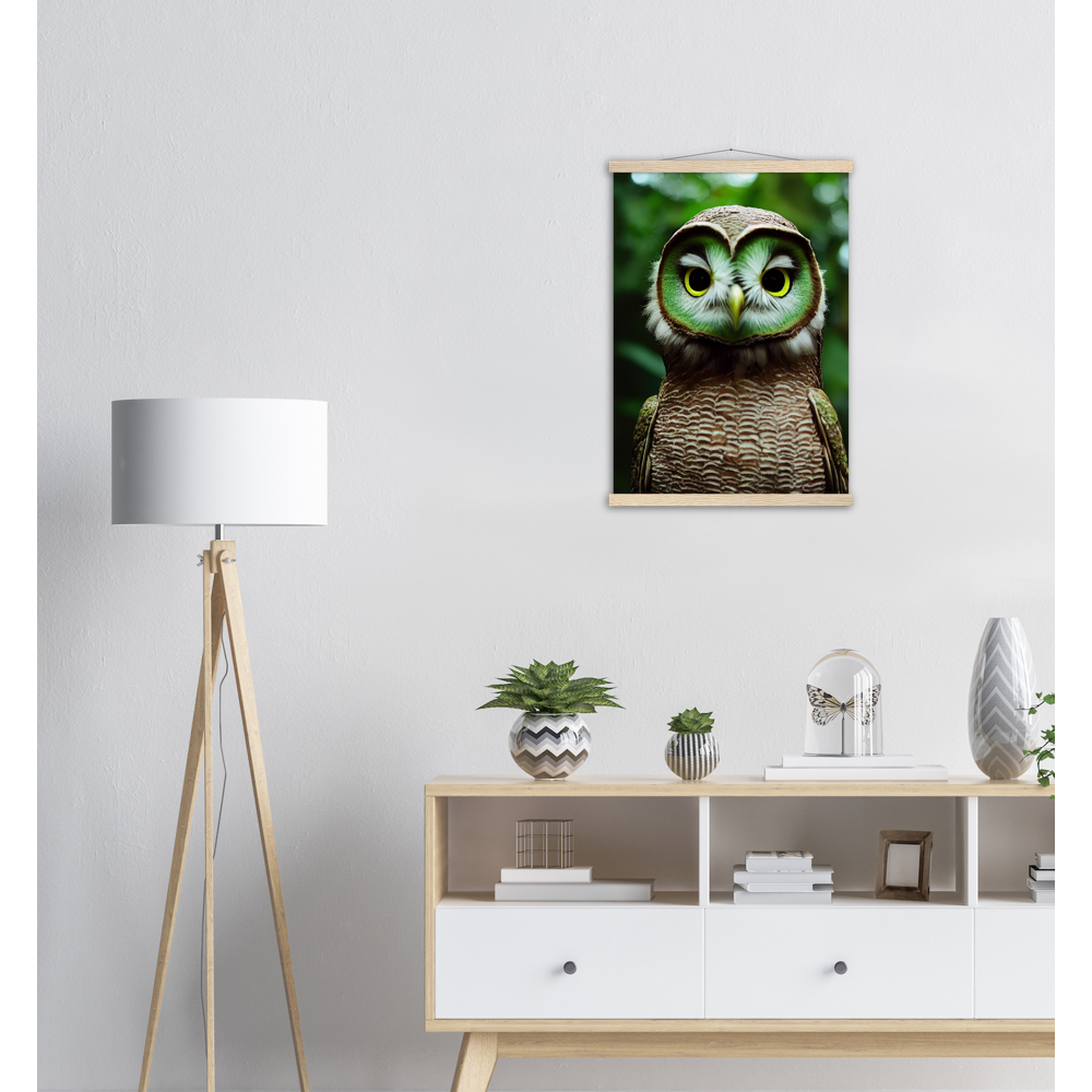 Poster mit Leisten (Holz) - Fruit Owl No. 4 - "Kiki", the Kiwi Owl - Wandkunst - Kunstdruck - (lat. tyto actinidia) - Kiwi Eule - Kiwi Owl - Fruchteulen - Vogel - Bird - Strigiformes - Noctua - Ornithologie - Kunstwerk  - Office Poster - Poster mit Rahmen - Kaffee Tasse - Poster mit Leisten - Bedruckte Tassen - Kunst Marke - Art Brand - Acryldruck - Wandbild - Kunstdrucke - Papier: 250g/qm - Künstler: John Grayst & Pixelboys - Eulen - Owl - Geschenkidee - 