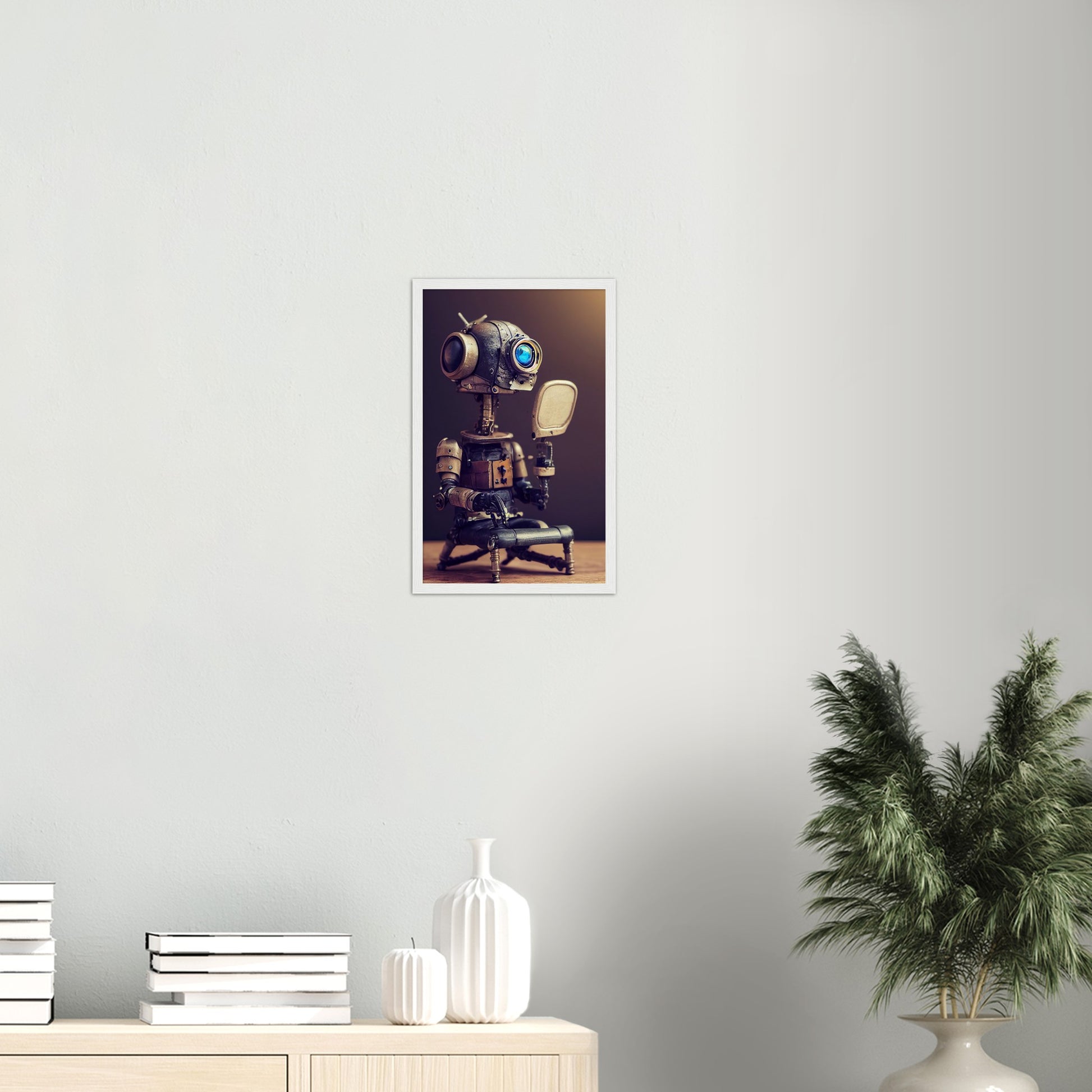 Poster mit Rahmen (Holz) in Museumsqualität - Tiny robot with a mirror - Hitoshi 人 - Wall Art - Spiegel - Acryldruck - Wandkunst - Customizable Coffee Cup - Personalized Gifts - Kunstdruck - Kleine Roboter - Acryldruck - Little Robots - Personalized Gifts - Tiny  - Steampunk - zukunft - Poster with frame - Kunstwerk - Office Poster - Poster mit Rahmen - Kaffee Tasse - Poster - Bedruckte Tassen - Kunst Marke - Art Brand - Kunstdrucke - Künstler: John Grayst & Pixelboys - emotional robots - Geschenkidee - 