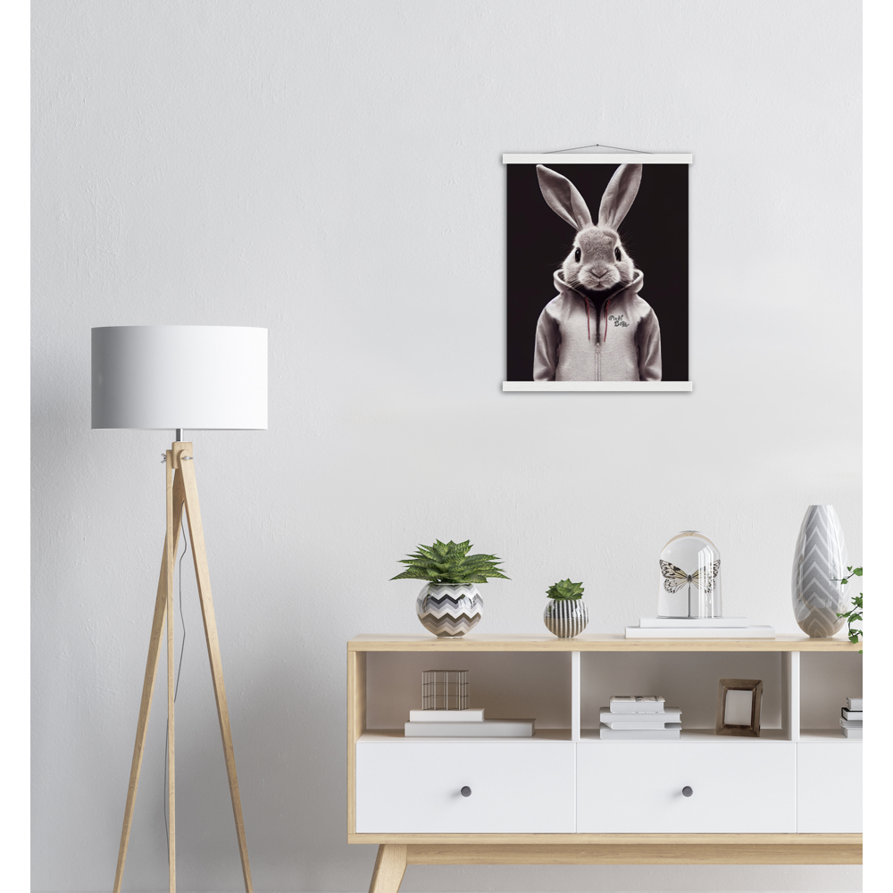 Poster mit Leisten (Holz) - Bunny in grey tracksuit - Fashion Gang - Wandbild - Ostern - Geschenkidee - Osterhase - Bunny Crew: "Valerian" - "Caesar" - "Constantin" - "Cleo"-Titus - Weisser Hase - Easter Bunny - Cute - grey tracksuit - sweats - Alice's Adventures in Wonderland - Modemarke - Pixelboys Brand - Valerian der Hase - Kaninchen  - Künstler: "Pixelboys" - Atelier - Germany - Berlin - Hamburg - Colgne - France - Paris - Italy - Rom - USA - America - New York City - Los Angeles - Chicago - 