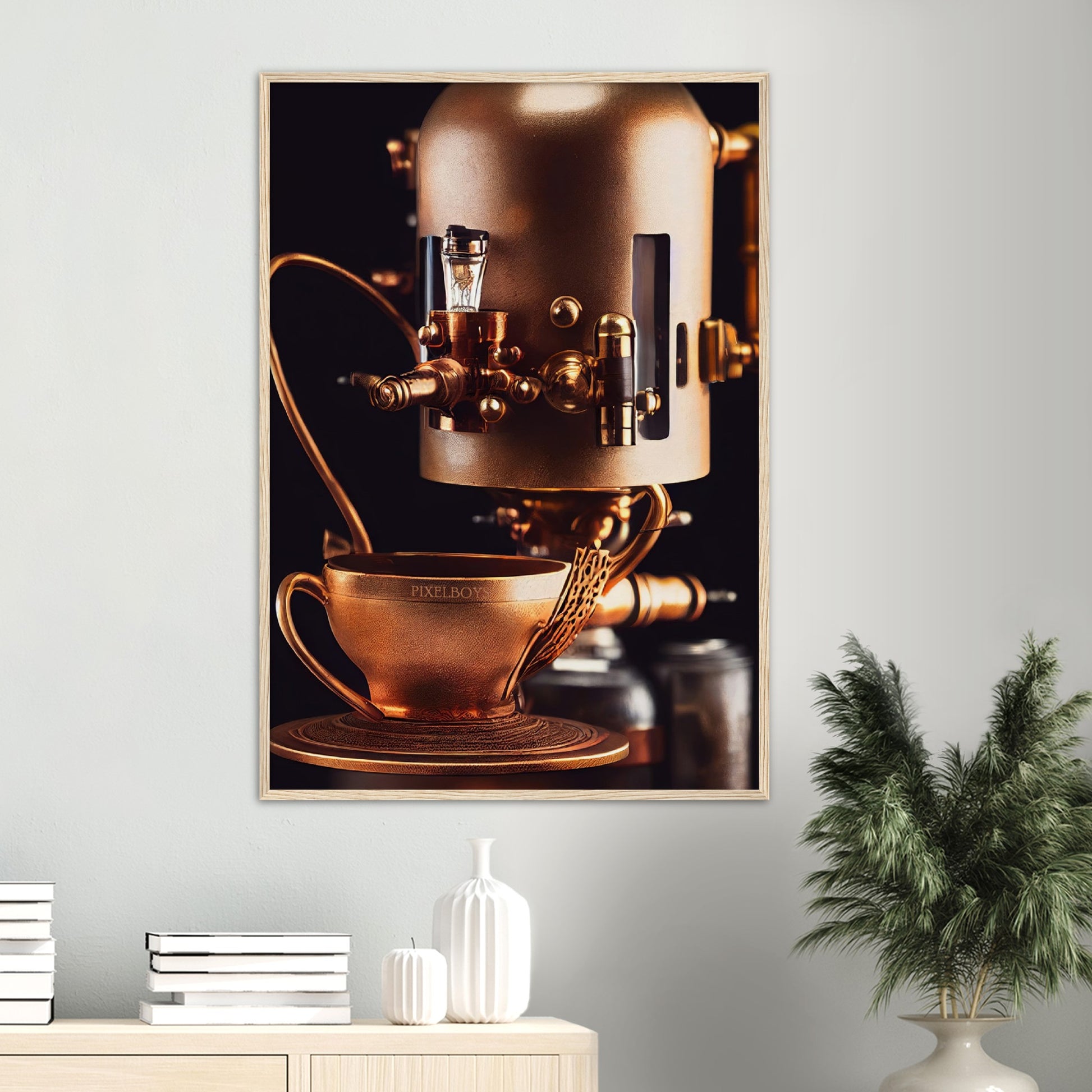 Poster mit Rahmen (Holz) - Steampunk - Coffee Maker - No.7 - Collection Cup - Pixelboys - Wandbild - Kunstwerk - Hotelkunst - Kunst auf Postern - Fine Art - Steampunk - Future - Maschine - Poster with frame - Office Poster - Art Brand - Pixelboys - Coffee House - Restaurant Poster - Wall Art - Kunstdruck - Geschenkidee - Kunst auf Acrylglas - Future Coffee Cup - Personalisierbare Tasse - Gastro Tasse - exklusiv - Acryldruck - Gastronomie Poster - Hotelposter - Teestube - Steam Punk Kitchen -   