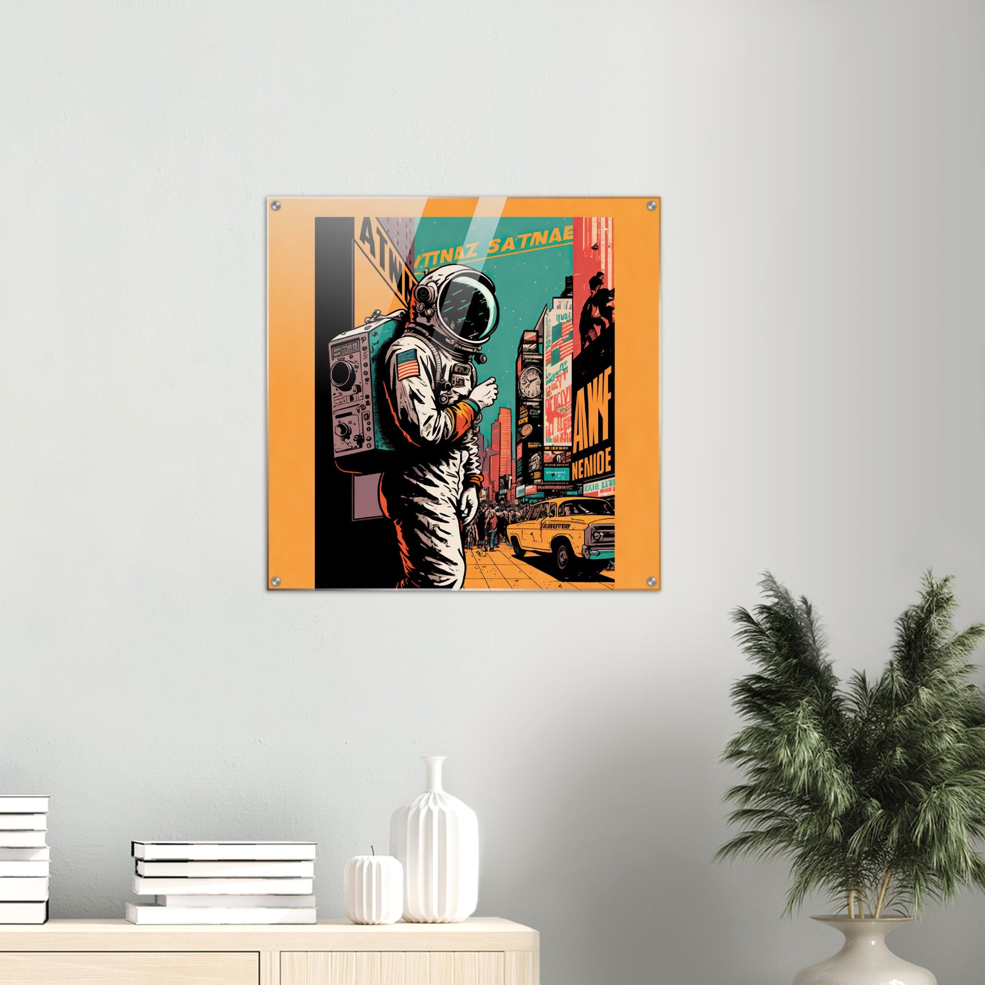 Acrylbild auf Glas in Museumsqualität - Astronaut at the NY Time Square - Illustration - Astronaut - New York - Rocketman - Posterleisten - USA - Fineart - Posterrahmen  - Wandkunst - Holzrahmen - Poster with frame - artwork - art brand - printed cup personalized - Holzleisten - pixelboys - Kunstdrucke - wandbilder - wall art - Kunst auf Tassen  - Office Poster - Gastrotassen - Wanddekoration - Acrylkunst - Geschenkidee - Office Poster - Acryldruck - Abstrakte Kunst -