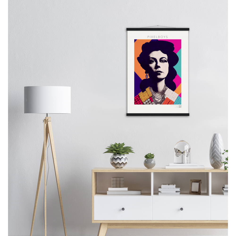  Poster mit Leisten (Holz) - in Museumsqualität - The Queen No.3 - HRH in cubes - Kunstdruck - 250g/qm - Queen Elisabeth II - Monarch - HRH - His/Her Royal Highness - Groß Britannien - Commonwealth - The Royal Family - Wandbild - Kubismus - synthetischen Kubismus - Georges Braque - Künstler: "John Grayst" - Atelier - UK - GB - London - 