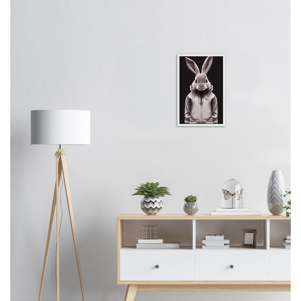 Poster mit Rahmen (Holz) - Bunny in grey tracksuit - Fashion Gang - Wandbild - Ostern - Geschenkidee - Osterhase - Bunny Crew: "Valerian" - "Caesar" - "Constantin" - "Cleo"-Titus - Weisser Hase - Easter Bunny - Cute - grey tracksuit - sweats - Alice's Adventures in Wonderland - Modemarke - Pixelboys Brand - Valerian der Hase - Kaninchen  - Künstler: "Pixelboys" - Atelier - Germany - Berlin - Hamburg - Colgne - France - Paris - Italy - Rom - USA - America - New York City - Los Angeles - Chicago - 