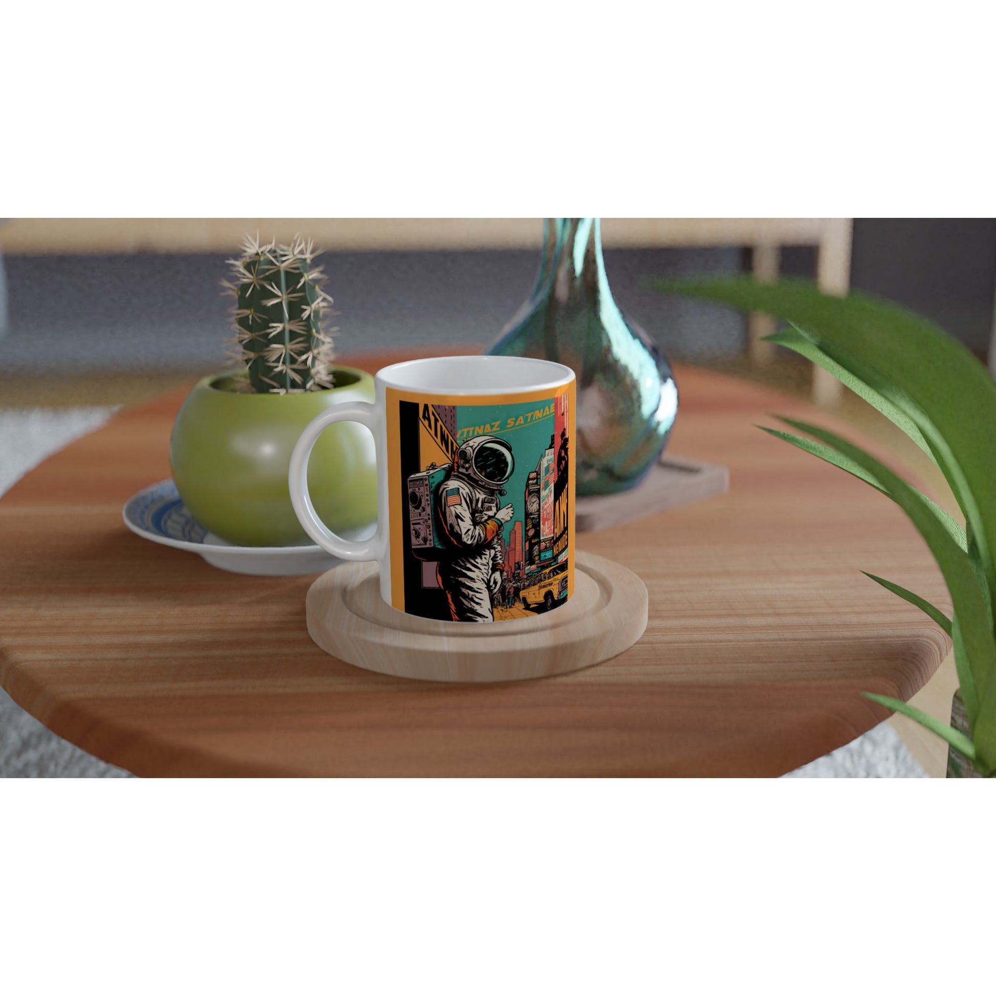 Personalisierte Tasse (bedruckt) in Museumsqualität - Astronaut at the NY Time Square - Illustration - Astronaut - New York - Rocketman - Posterleisten - USA - Fineart - Posterrahmen  - Wandkunst - Holzrahmen - Poster with frame - artwork - art brand - printed cup personalized - Holzleisten - pixelboys - Kunstdrucke - wandbilder - wall art - Kunst auf Tassen  - Office Poster - Gastrotassen - Wanddekoration - Acrylkunst - Geschenkidee - Office Poster - Acryldruck - Abstrakte Kunst -