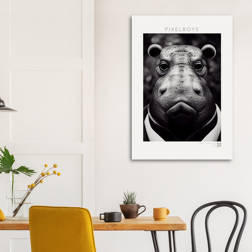 Poster - "He doesn't like it." - Business Animals No. 3 "Herbert das Nilpferd" - Künstler: "John Grayst" Kunstdruck - Wandbild - Pixelboys - Atelier - Milano - Berlin - Munich - Madrid - New York - Dubai - Paris - Tokio - Rom - Lisbon - Ottawa - Bern Switzerland - Amsterdam - Seoul - Vancouver - Antwerpen -