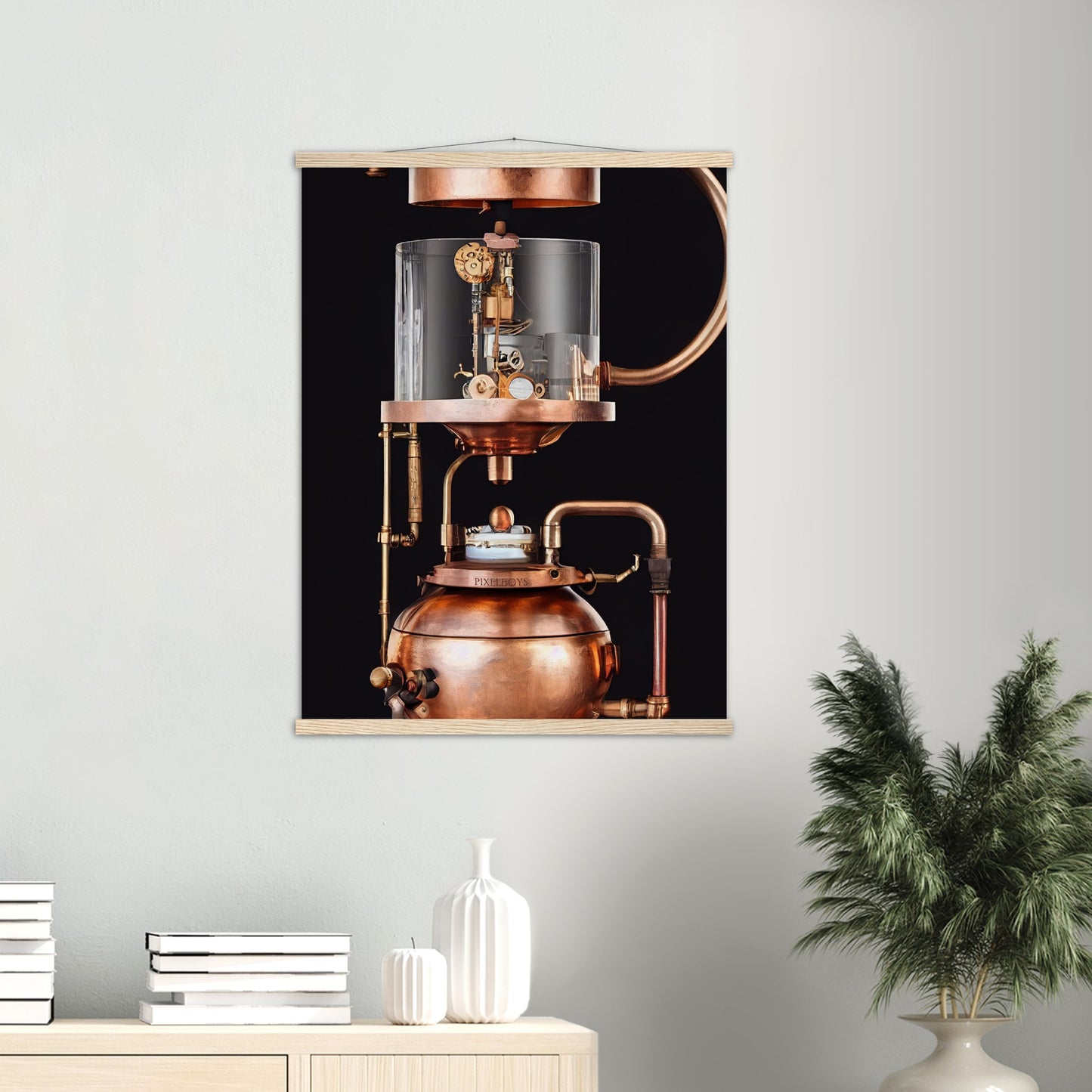 Poster mit Leisten (Holz) - Steampunk - Coffee Maker - No.6 - Collection Cup - Pixelboys - Wandbild - Kunstwerk - Hotelkunst - Kunst auf Postern - Fine Art - Steampunk - Future - Maschine - Poster with frame - Office Poster - Art Brand - Pixelboys - Coffee House - Restaurant Poster - Wall Art - Kunstdruck - Geschenkidee - Kunst auf Acrylglas - Future Coffee Cup - Personalisierbare Tasse - Gastro Tasse - exklusiv - Acryldruck - Gastronomie Poster - Hotelposter - Teestube - Steam Punk Kitchen -   