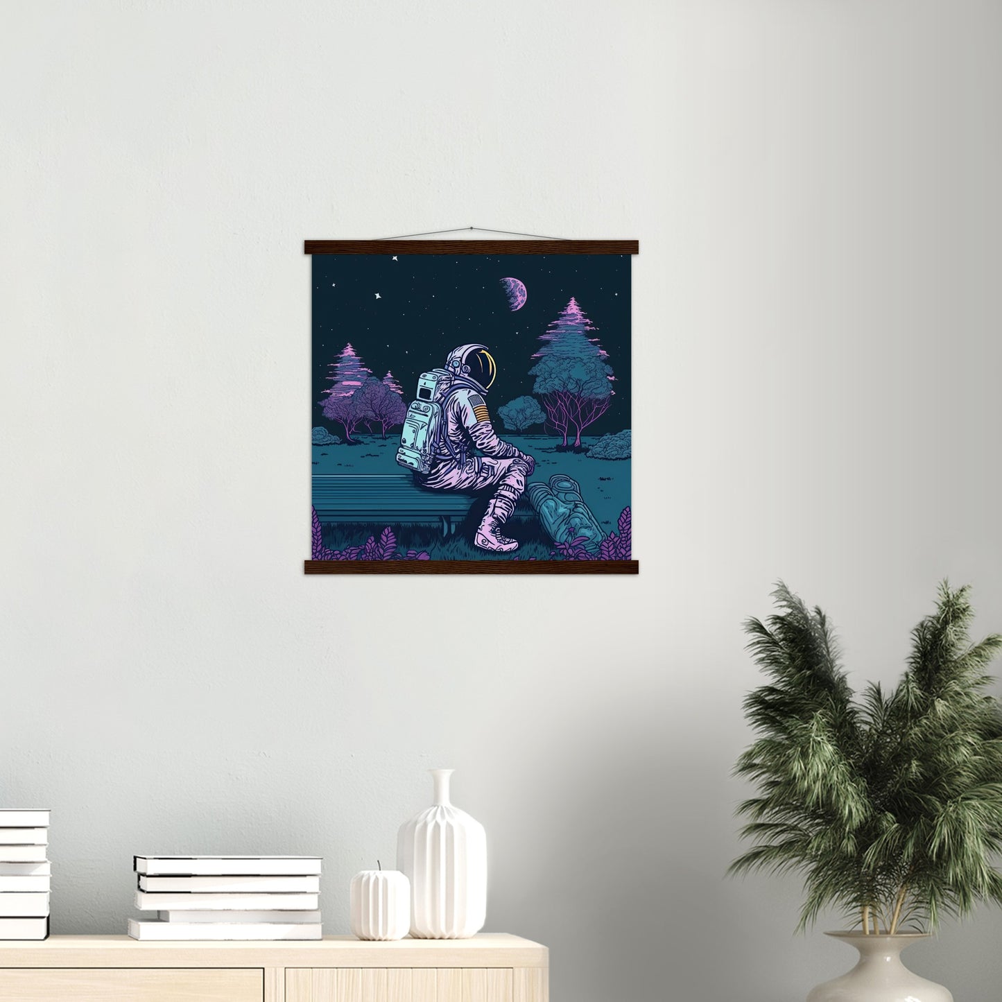 Poster mit Leisten (Holz) - in Museumsqualität - Stargazing Astronaut - John - Illustration - Astronaut - Parkbank - Rocketman - Posterleisten - USA - Fineart - Posterrahmen  - Wandkunst - Holzrahmen - Poster with frame - artwork - art brand - printed cup personalized - Holzleisten - pixelboys - Kunstdrucke - wandbilder - wall art - Kunst auf Tassen  - Office Poster - Gastrotassen - Wanddekoration - Acrylkunst - Geschenkidee - Office Poster - Acryldruck - Abstrakte Kunst -