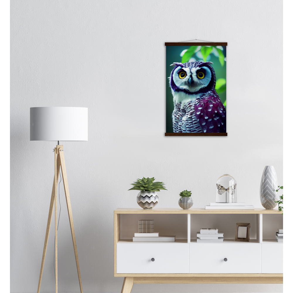 Poster mit Leisten (Holz) - Fruit Owl No.5 - "Sini", the bluberry owl - Wandkunst - Kunstdruck - Heidelbeereule - (lat. bubo vaccinium) - Teebecher - Heidelbeere Eule - Fruchteulen - blueberry owl- Vogel - Uhu - Bird - Strigiformes - Noctua - Ornithologie - Kunstwerk  - Office Poster - Poster mit Rahmen - Kaffee Tasse - Poster mit Leisten - Bedruckte Tassen - Kunst Marke - Art Brand - Acryldruck - Wandbild - Kunstdrucke - Papier: 250g/qm - Künstler: John Grayst & Pixelboys - Eulen - Owl - Geschenkidee - 