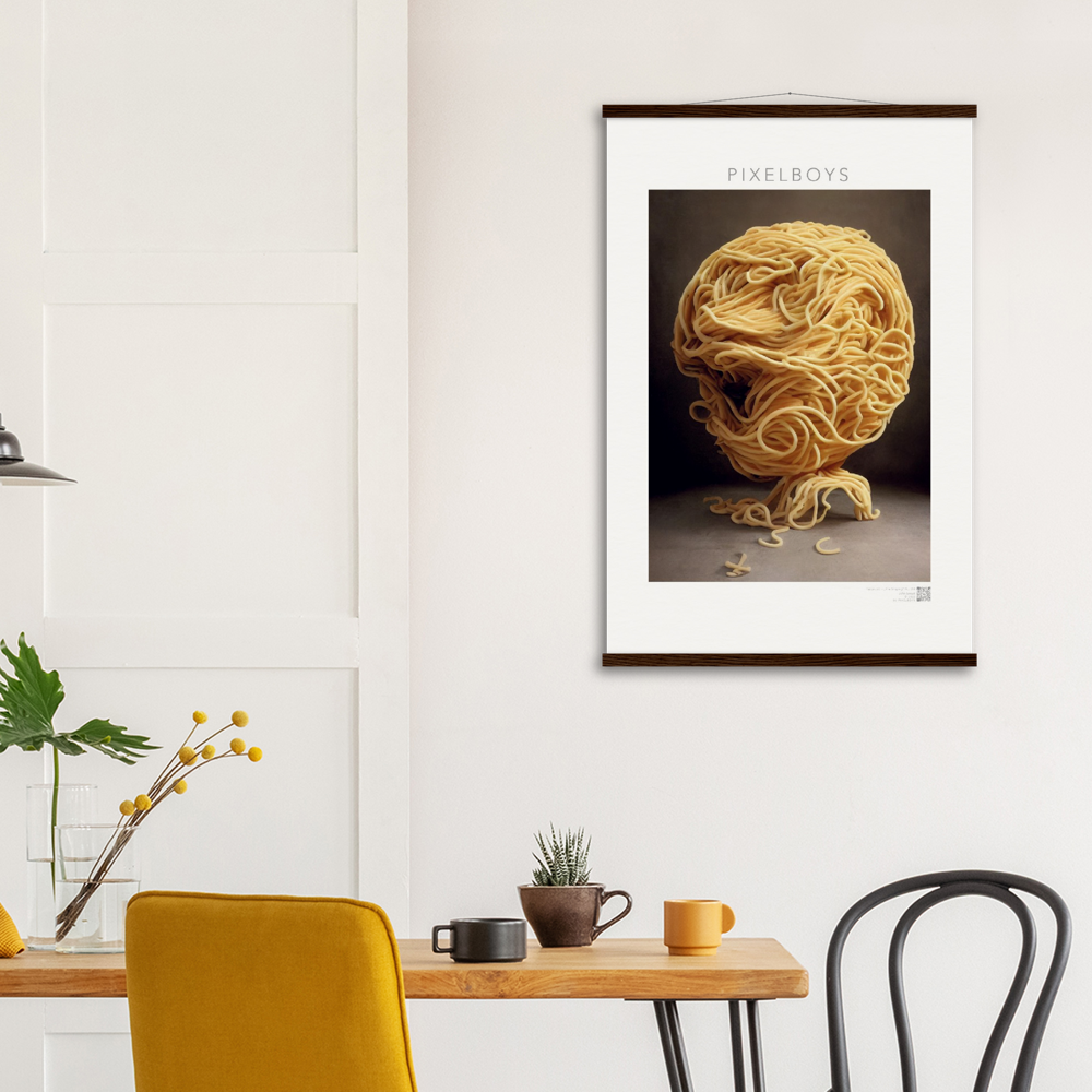 Poster mit Leisten (Holz) - Pastarized "The Shaping" - No.2 - Kunstwerk aus Nudeln - Kunst Marke - Pixelboys - Kunstdruck - Wandbild - Kunstdrucke - Papier: 250g/qm - Künstler: John Grayst & Pixelboys - Italienische Pasta Kunst - Küche- Italienisches Restaurant - China Restaurant - Japan Restaurant -  Pasta Liebe - Nudeln - Face - Atelier - Italien - Mailand - Neapel - Rom - Turin  