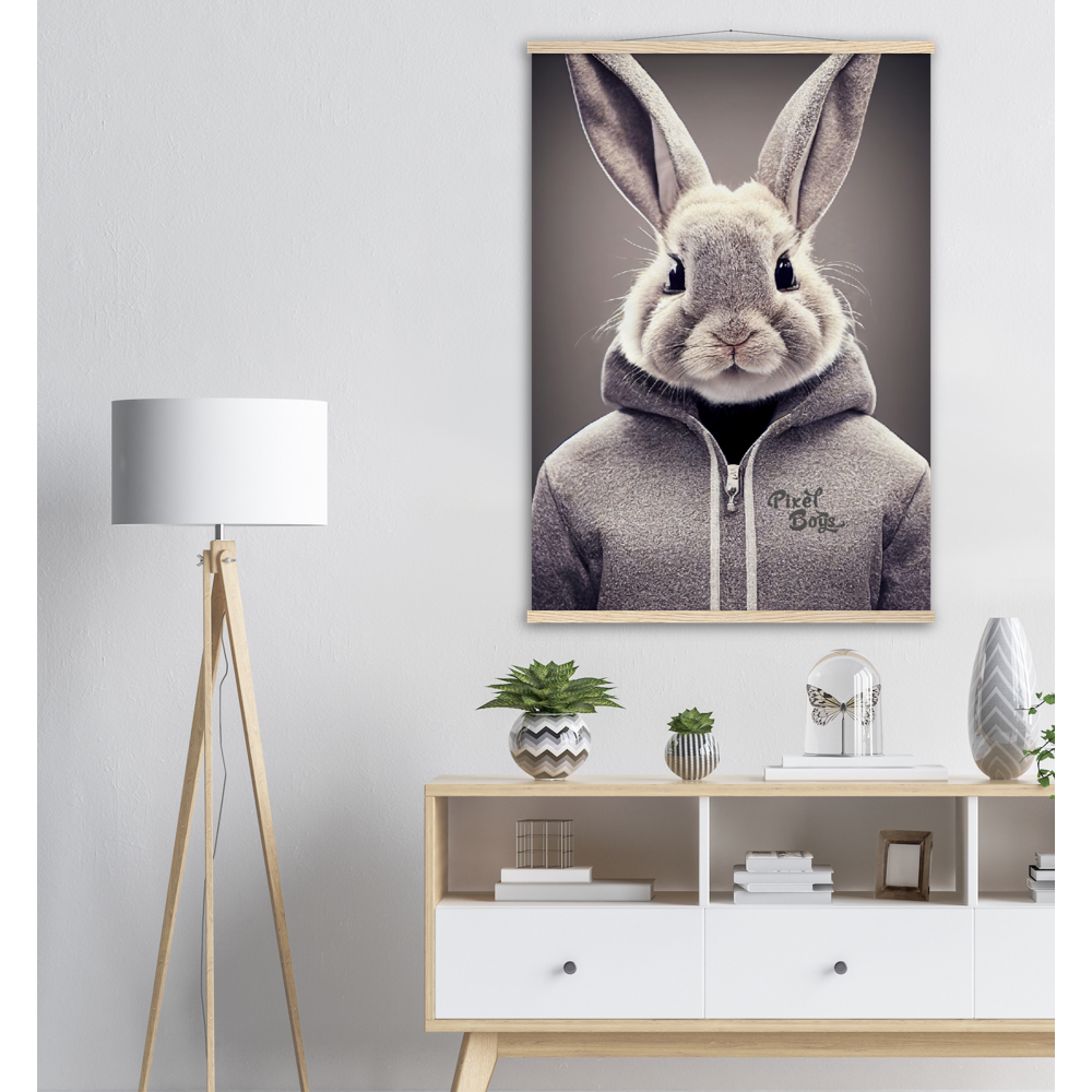 Poster mit Leisten (Holz) - Bunny in grey Hoodie - "Constantin" - Fashion Gang - Wandbild - Ostern - Geschenkidee - Osterhase - Bunny Crew: "Constantin" - "Caesar" - "Titus" - "Cleo" - Weisser Hase - Easter Bunny - Cute - grey Hoodie - sweats - Alice's Adventures in Wonderland - Modemarke - Pixelboys Brand - Constantin der Hase - Hase - Kaninchen  - Künstler: "Pixelboys" - Atelier - Germany - Berlin - Hamburg - Colgne - France - Paris - Italy - Rom - USA - America - New York City - Los Angeles - Chicago - 