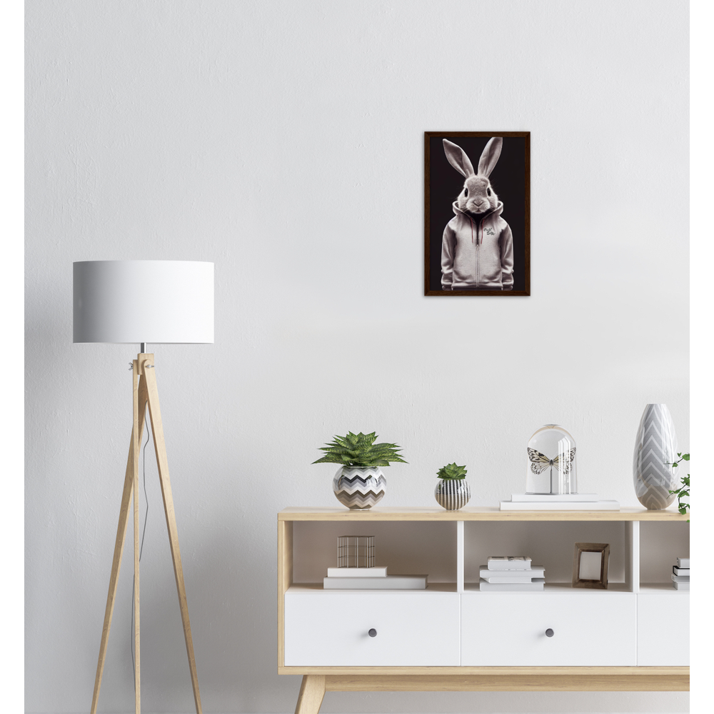 Poster mit Rahmen (Holz) - Bunny in grey tracksuit - Fashion Gang - Wandbild - Ostern - Geschenkidee - Osterhase - Bunny Crew: "Valerian" - "Caesar" - "Constantin" - "Cleo"-Titus - Weisser Hase - Easter Bunny - Cute - grey tracksuit - sweats - Alice's Adventures in Wonderland - Modemarke - Pixelboys Brand - Valerian der Hase - Kaninchen  - Künstler: "Pixelboys" - Atelier - Germany - Berlin - Hamburg - Colgne - France - Paris - Italy - Rom - USA - America - New York City - Los Angeles - Chicago - 