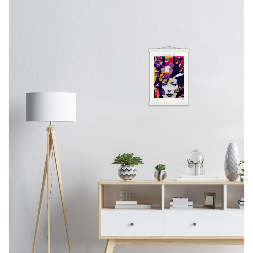 Poster mit Leisten (Holz) - The Queen No.1 - HRH in cubes - Kunstdruck - Queen Elisabeth II - Monarch - HRH - His/Her Royal Highness - Groß Britannien - Commonwealth - The Royal Family - Wandbild - Kubismus - synthetischen Kubismus - Georges Braque - Künstler: "John Grayst" - Atelier - UK - GB - London - 