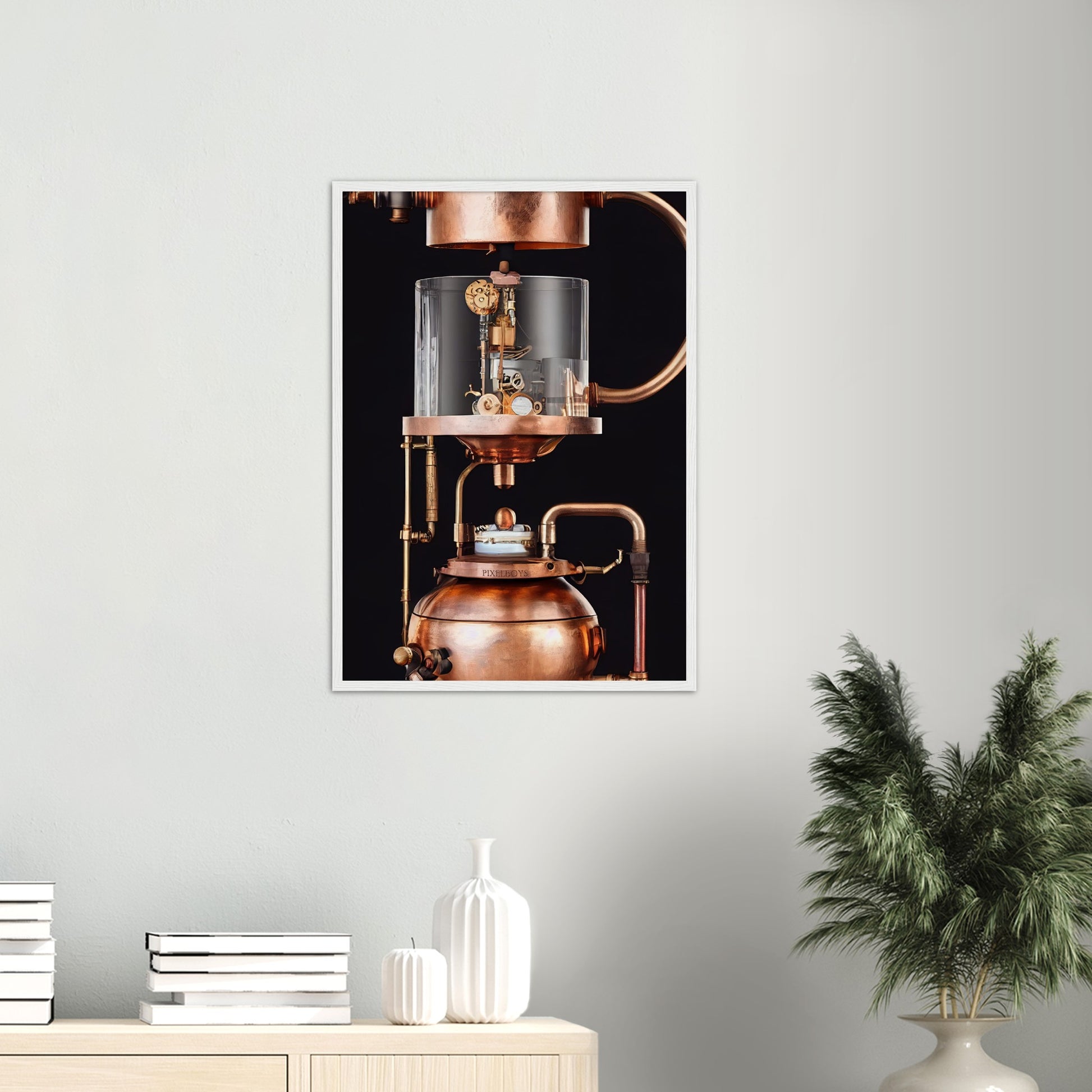 Poster mit Rahmen (Holz) - Steampunk - Coffee Maker - No.6 - Collection Cup - Pixelboys - Wandbild - Kunstwerk - Hotelkunst - Kunst auf Postern - Fine Art - Steampunk - Future - Maschine - Poster with frame - Office Poster - Art Brand - Pixelboys - Coffee House - Restaurant Poster - Wall Art - Kunstdruck - Geschenkidee - Kunst auf Acrylglas - Future Coffee Cup - Personalisierbare Tasse - Gastro Tasse - exklusiv - Acryldruck - Gastronomie Poster - Hotelposter - Teestube - Steam Punk Kitchen -   