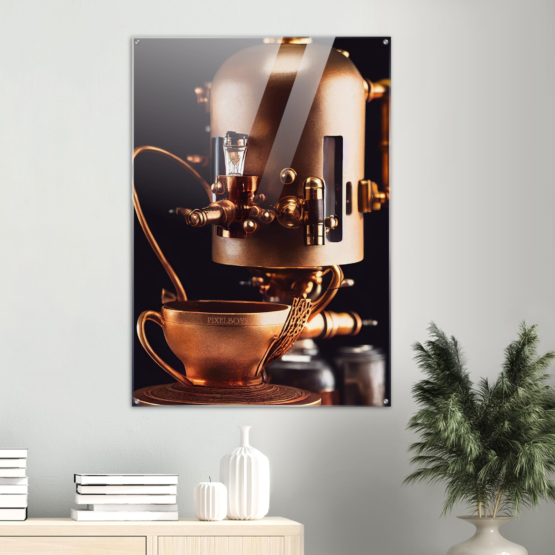 Acrylbild auf Glas - Steampunk - Coffee Maker - No.7 - Collection Cup - Pixelboys - Wandbild - Kunstwerk - Hotelkunst - Kunst auf Postern - Fine Art - Steampunk - Future - Maschine - Poster with frame - Office Poster - Art Brand - Pixelboys - Coffee House - Restaurant Poster - Wall Art - Kunstdruck - Geschenkidee - Kunst auf Acrylglas - Future Coffee Cup - Personalisierbare Tasse - Gastro Tasse - exklusiv - Acryldruck - Gastronomie Poster - Hotelposter - Teestube - Steam Punk Kitchen -   