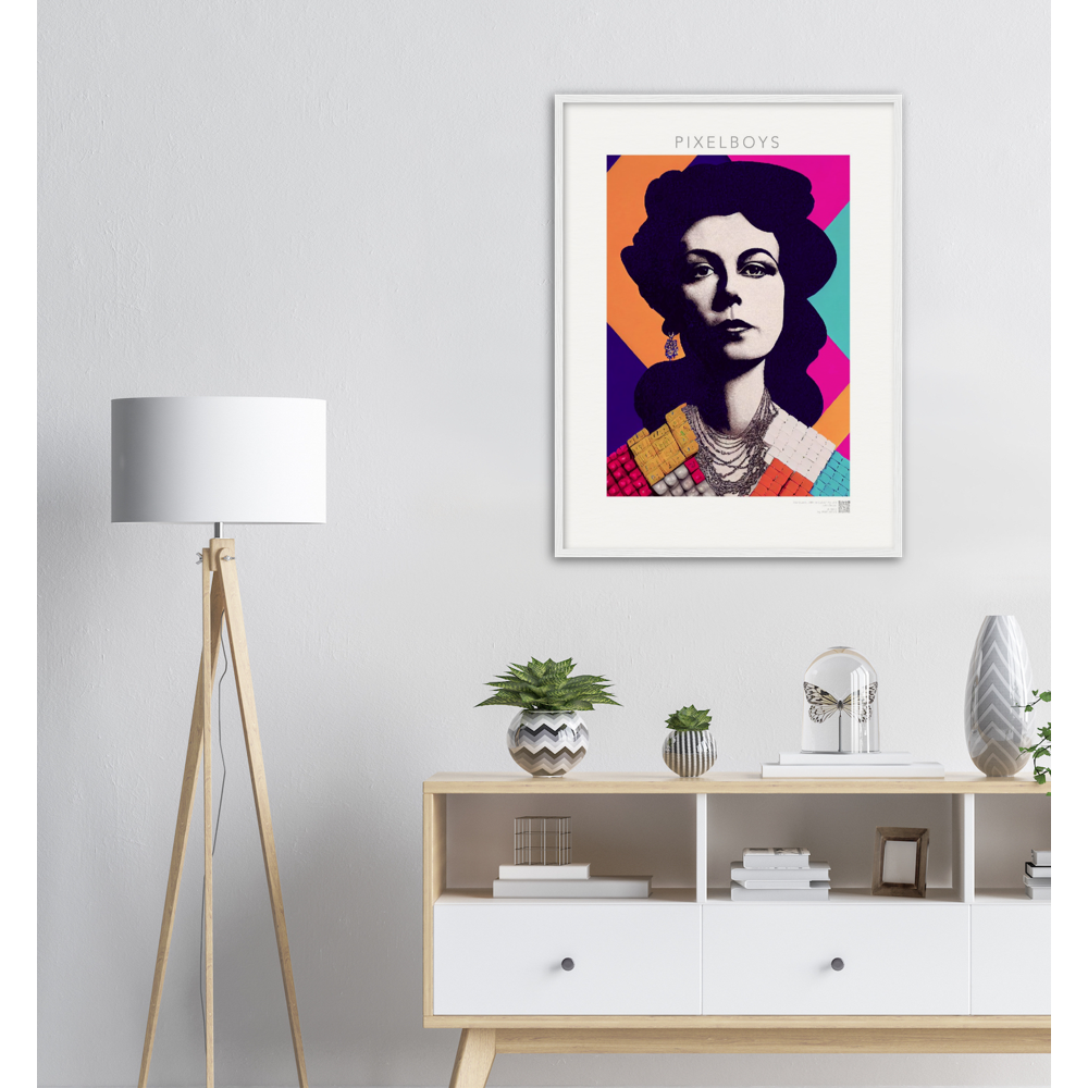 Poster mit Rahmen (Holz) - in Museumsqualität - The Queen No.3 - HRH in cubes - Kunstdruck - 250g/qm - Queen Elisabeth II - Monarch - HRH - His/Her Royal Highness - Groß Britannien - Commonwealth - The Royal Family - Wandbild - Kubismus - synthetischen Kubismus - Georges Braque - Künstler: "John Grayst" - Atelier - UK - GB - London - 