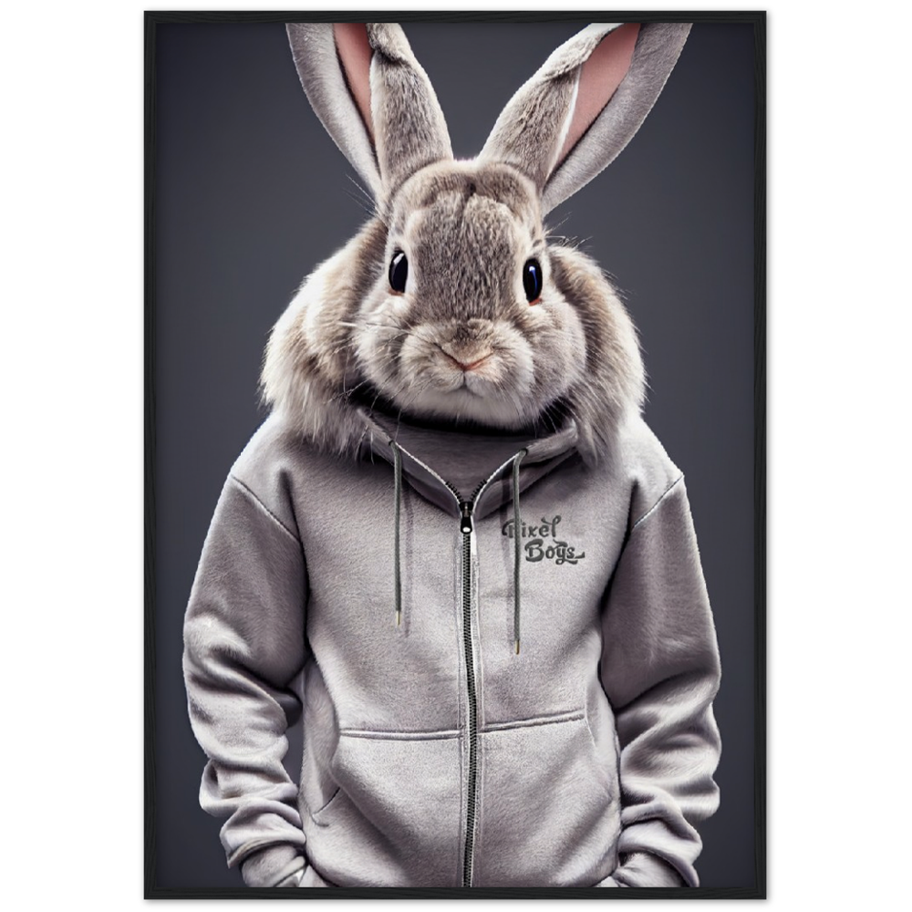 Poster mit Rahmen (Holz) - Bunny in grey Tracksuit - "Titus" - Fashion Gang - Wandbild - Ostern - Geschenkidee - Osterhase - Bunny Crew: "Titus" - "Caesar" - "Constantin" - "Cleo" - Weisser Hase - Easter Bunny - Cute - grey tracksuit - sweats - Alice's Adventures in Wonderland - Modemarke - Pixelboys Brand - Titus der Hase - Hase - Kaninchen  - Künstler: "Pixelboys" - Atelier - Germany - Berlin - Hamburg - Colgne - France - Paris - Italy - Rom - USA - America - New York City - Los Angeles - Chicago - 