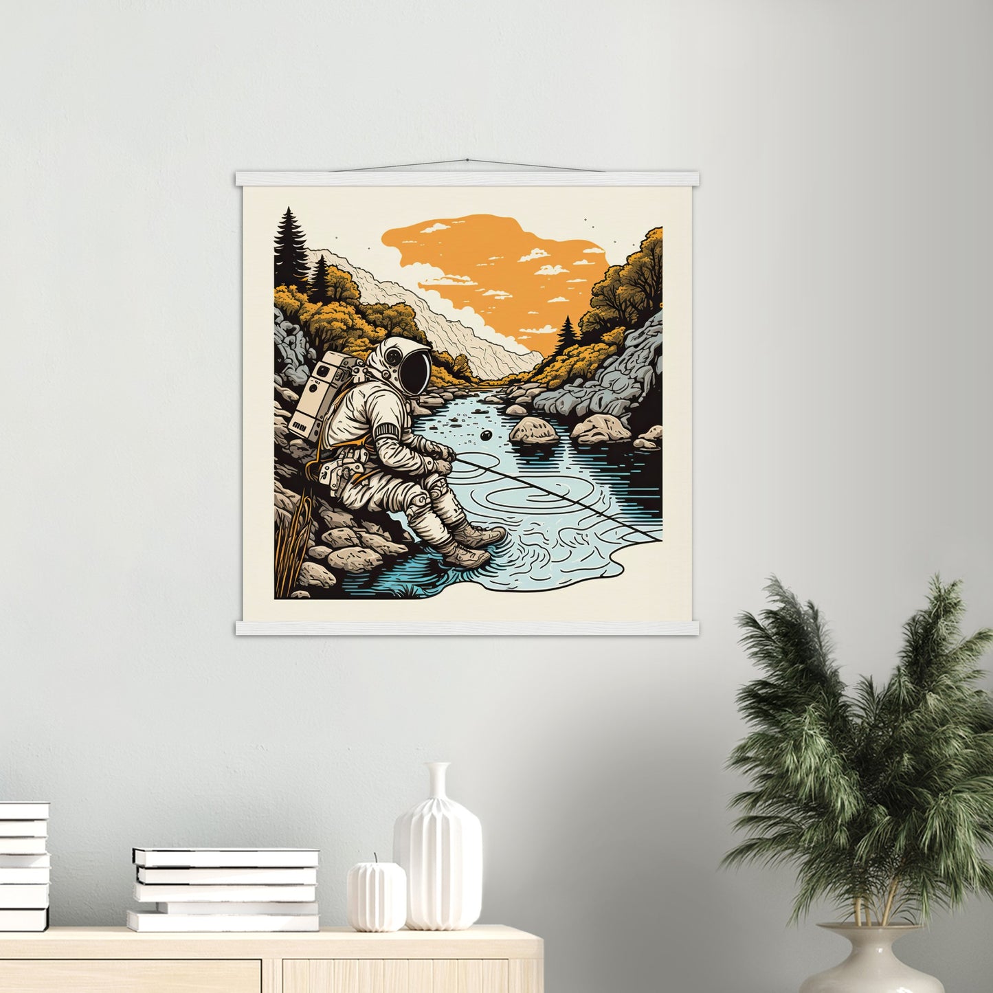 Poster mit Leisten (Holz) - in Museumsqualität - Fishing Astronaut - Buzz - Angeln - Astronaut - Natur - Posterleisten - USA - Fineart - Posterrahmen  - Wandkunst - Holzrahmen - Poster with frame - people of color - artwork - art brand - printed cup personalized - Holzleisten - pixelboys - Kunstdrucke - wandbilder - wall art - Kunst auf Tassen  - Office Poster - Gastrotassen - Wanddekoration - Acrylkunst - Geschenkidee - Office Poster - Acryldruck - Abstrakte Kunst -