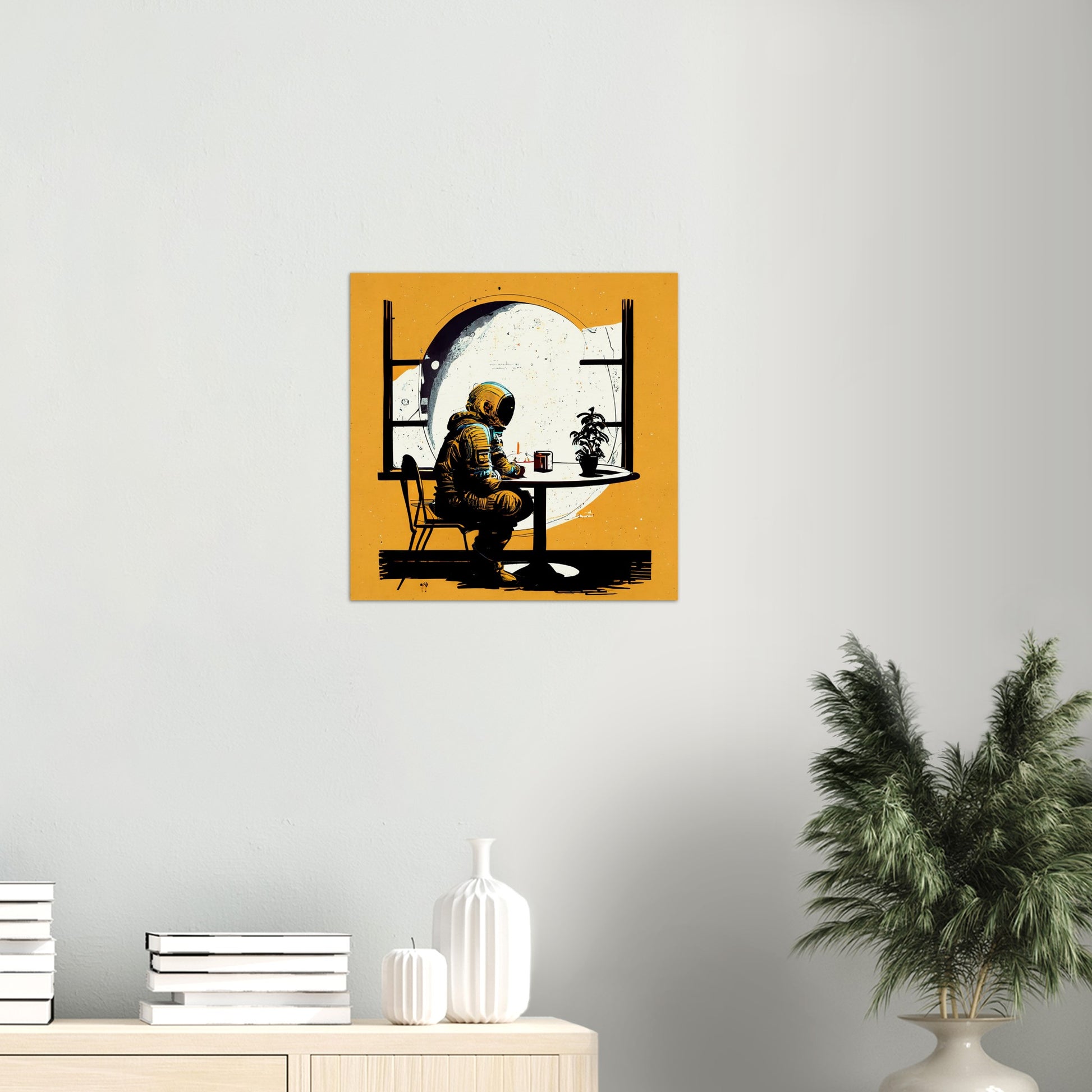 Poster in Museumsqualität - The waiting Astronaut - Michael - Illustration - Astronaut - Waiting - Posterleisten - USA - Fineart - Posterrahmen  - Wandkunst - Holzrahmen - Poster with frame - people of color - artwork - art brand - printed cup personalized - Holzleisten - pixelboys - Kunstdrucke - wandbilder - wall art - Kunst auf Tassen  - Office Poster - Gastrotassen - Wanddekoration - Acrylkunst - Geschenkidee - Office Poster - Acryldruck - Abstrakte Kunst -