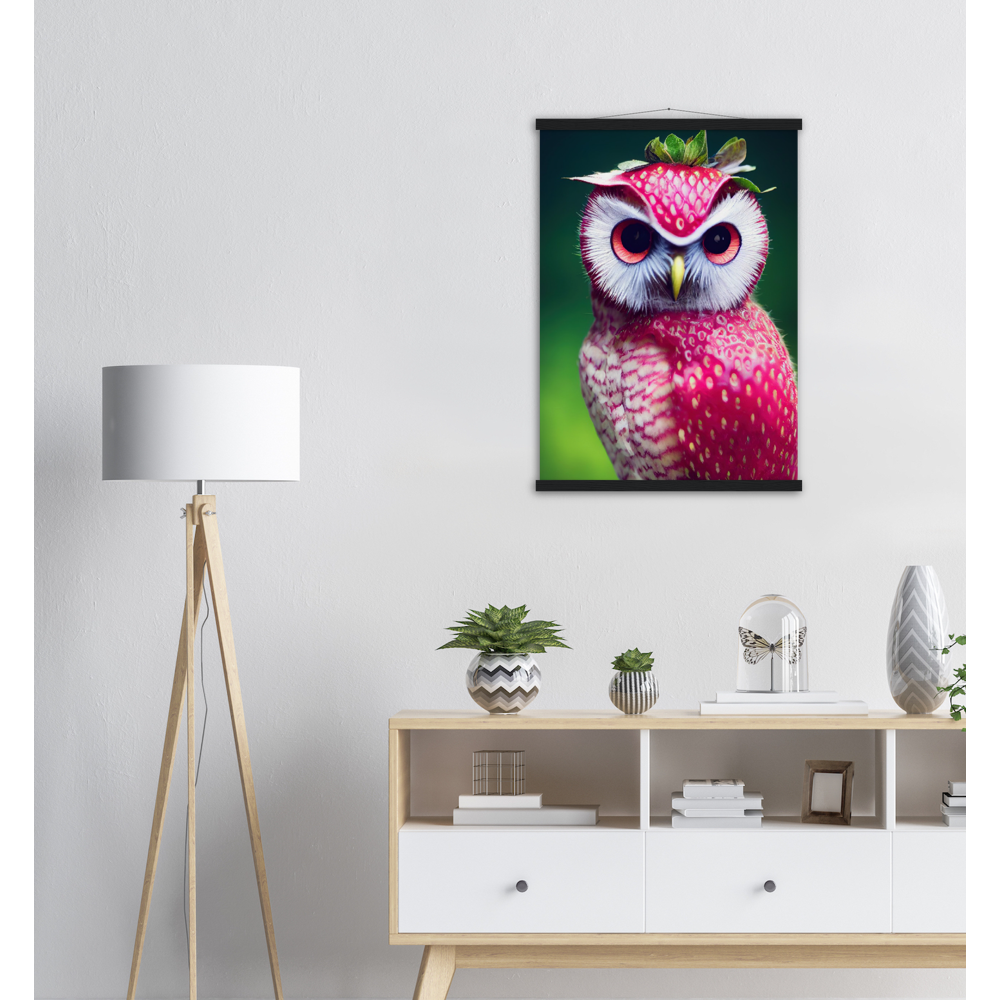 Poster mit Leisten (Holz) - Fruit Owl No. 2 - "Berry", the Strawberry Owl - Serie Fruit Owls - Wandkunst - Kunstdruck - (fiktiv: lat.  Pulsatrix Fragaria) - Erdbeere - Schleiereulen - Fruchteulen - Vogel - Bird - Strigiformes - Noctua - Ornithologie - Kunstwerk  - Office Poster - Poster mit Rahmen - Kaffee Tasse - Poster mit Leisten - Bedruckte Tassen - Kunst Marke - Art Brand - Acrylbild - Wandbild - Kunstdrucke - Papier: 250g/qm - Künstler: John Grayst & Pixelboys - Eulen - Owl - Geschenkidee - 