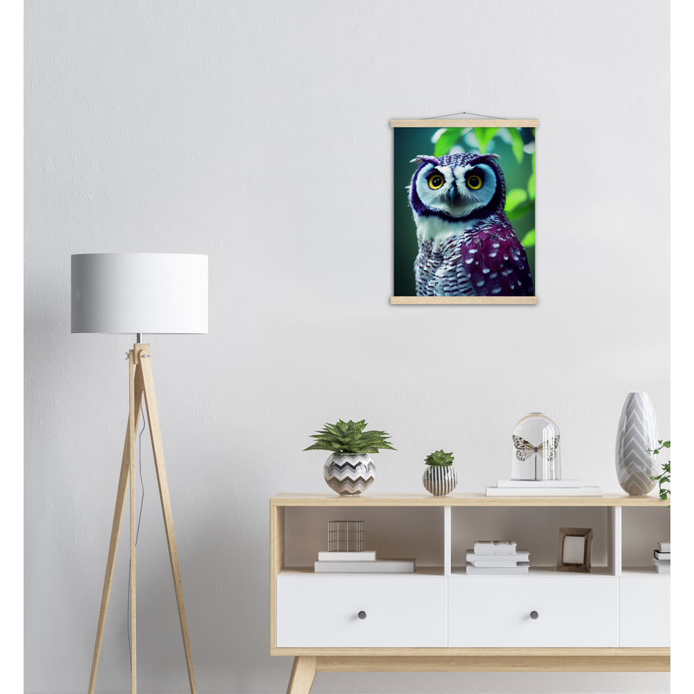 Poster mit Leisten (Holz) - Fruit Owl No.5 - "Sini", the bluberry owl - Wandkunst - Kunstdruck - Heidelbeereule - (lat. bubo vaccinium) - Teebecher - Heidelbeere Eule - Fruchteulen - blueberry owl- Vogel - Uhu - Bird - Strigiformes - Noctua - Ornithologie - Kunstwerk  - Office Poster - Poster mit Rahmen - Kaffee Tasse - Poster mit Leisten - Bedruckte Tassen - Kunst Marke - Art Brand - Acryldruck - Wandbild - Kunstdrucke - Papier: 250g/qm - Künstler: John Grayst & Pixelboys - Eulen - Owl - Geschenkidee - 