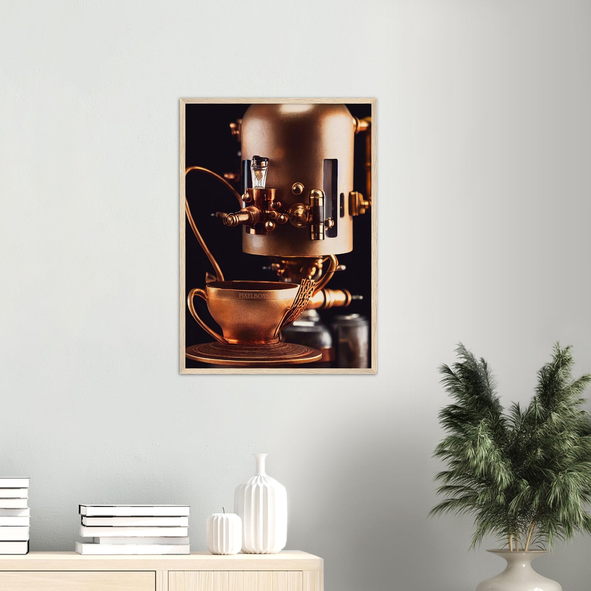 Poster mit Rahmen (Holz) - Steampunk - Coffee Maker - No.7 - Collection Cup - Pixelboys - Wandbild - Kunstwerk - Hotelkunst - Kunst auf Postern - Fine Art - Steampunk - Future - Maschine - Poster with frame - Office Poster - Art Brand - Pixelboys - Coffee House - Restaurant Poster - Wall Art - Kunstdruck - Geschenkidee - Kunst auf Acrylglas - Future Coffee Cup - Personalisierbare Tasse - Gastro Tasse - exklusiv - Acryldruck - Gastronomie Poster - Hotelposter - Teestube - Steam Punk Kitchen -   