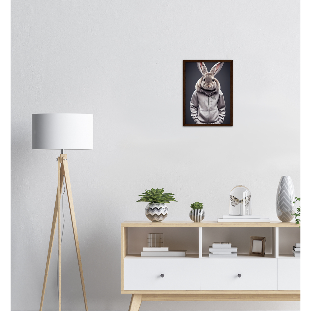 Poster mit Rahmen (Holz) - Bunny in grey Tracksuit - "Titus" - Fashion Gang - Wandbild - Ostern - Geschenkidee - Osterhase - Bunny Crew: "Titus" - "Caesar" - "Constantin" - "Cleo" - Weisser Hase - Easter Bunny - Cute - grey tracksuit - sweats - Alice's Adventures in Wonderland - Modemarke - Pixelboys Brand - Titus der Hase - Hase - Kaninchen  - Künstler: "Pixelboys" - Atelier - Germany - Berlin - Hamburg - Colgne - France - Paris - Italy - Rom - USA - America - New York City - Los Angeles - Chicago - 