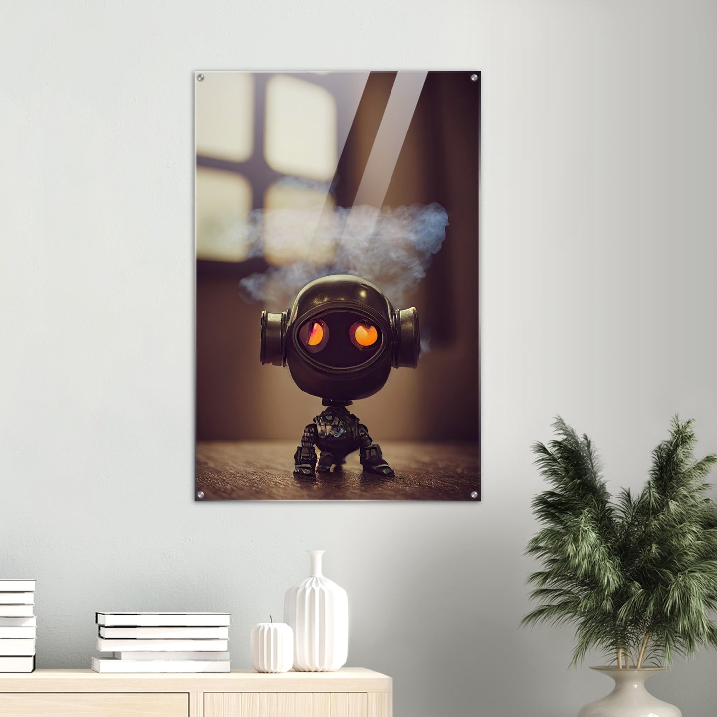 Acryldruck - in Museumsqualität - Tiny robot - with smoke around his head - "Tiny Tim" - Wandbild - Customizable Coffee Cup - Personalized Gifts - Kunstdruck - Rauchender Roboter - Steampunk - Acryldruck - Smoking Robots - Personalized Gifts - Poster with frame - nr.5 lebt - zukunft - Kunstwerk - Office Poster - Poster mit Rahmen - Kaffee Tasse  - Bedruckte Tassen - Kunst Marke - Art Brand - Wandbild - Kunstdrucke - Künstler: John Grayst & Pixelboys - emotional robots - Geschenkidee - Acrylbild -