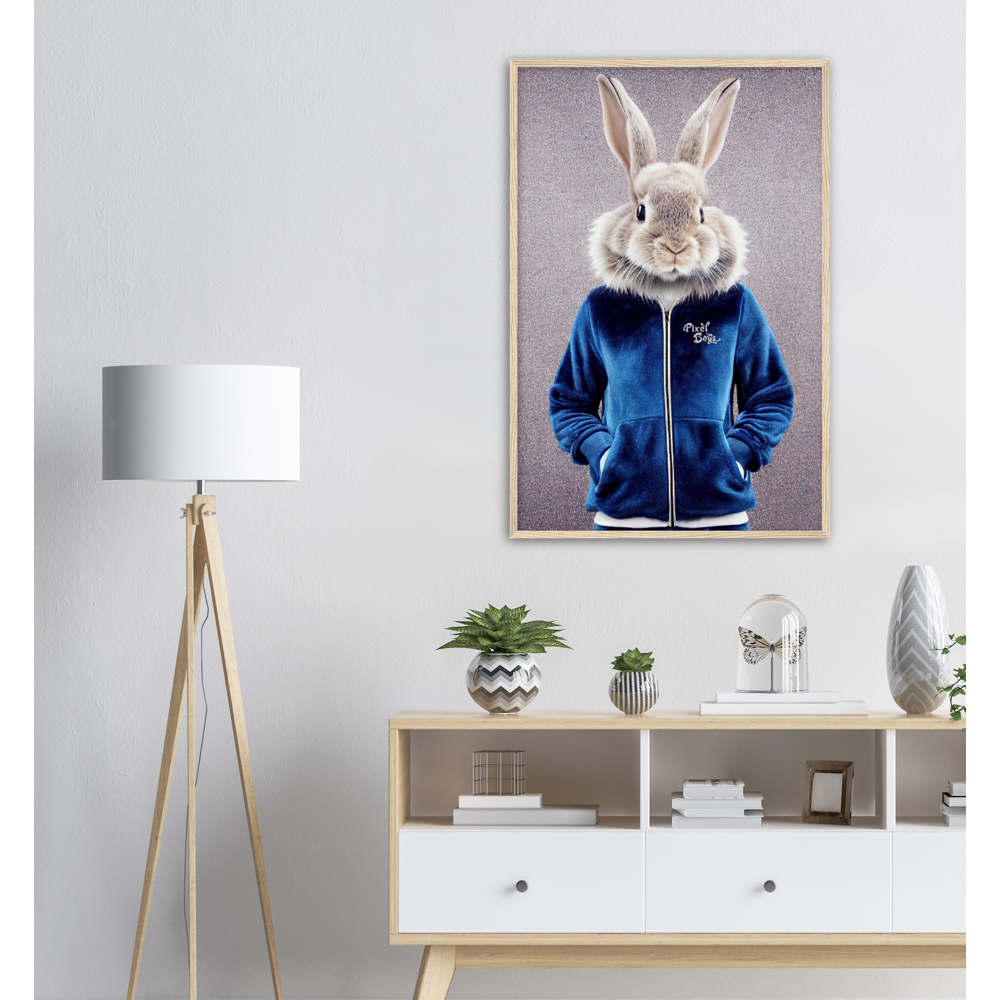 Poster mit Rahmen (Holz) - Bunny in blue Tracksuit - "Caesar" - Gang - Wandbild - Ostern - Geschenkidee - Osterhase - Bunny Crew: "Caesar" - "Constantin" - "Titus" - "Cleo" - Weisser Hase - Easter Bunny - Cute - blue Tracksuit - sweats - Gang - Modemarke -Pixelboys Brand - Caesar der Hase - Meister Lampe - Hase - Kaninchen - Karnickel - Stallhase - Künstler: "Pixelboys" - Atelier - Germany - Berlin - France - Paris - Italy - Rom - USA - America - New York City - Los Angeles - Chicago - Houston 