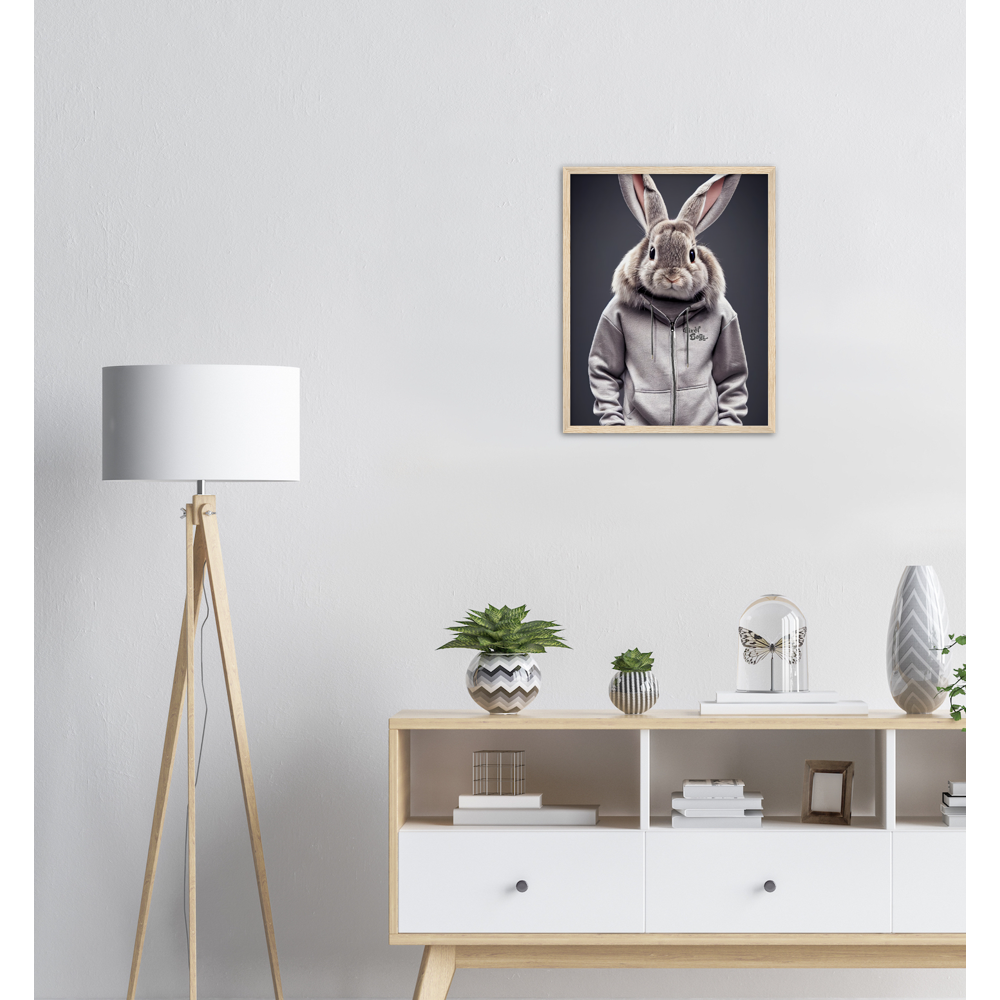 Poster mit Rahmen (Holz) - Bunny in grey Tracksuit - "Titus" - Fashion Gang - Wandbild - Ostern - Geschenkidee - Osterhase - Bunny Crew: "Titus" - "Caesar" - "Constantin" - "Cleo" - Weisser Hase - Easter Bunny - Cute - grey tracksuit - sweats - Alice's Adventures in Wonderland - Modemarke - Pixelboys Brand - Titus der Hase - Hase - Kaninchen  - Künstler: "Pixelboys" - Atelier - Germany - Berlin - Hamburg - Colgne - France - Paris - Italy - Rom - USA - America - New York City - Los Angeles - Chicago - 