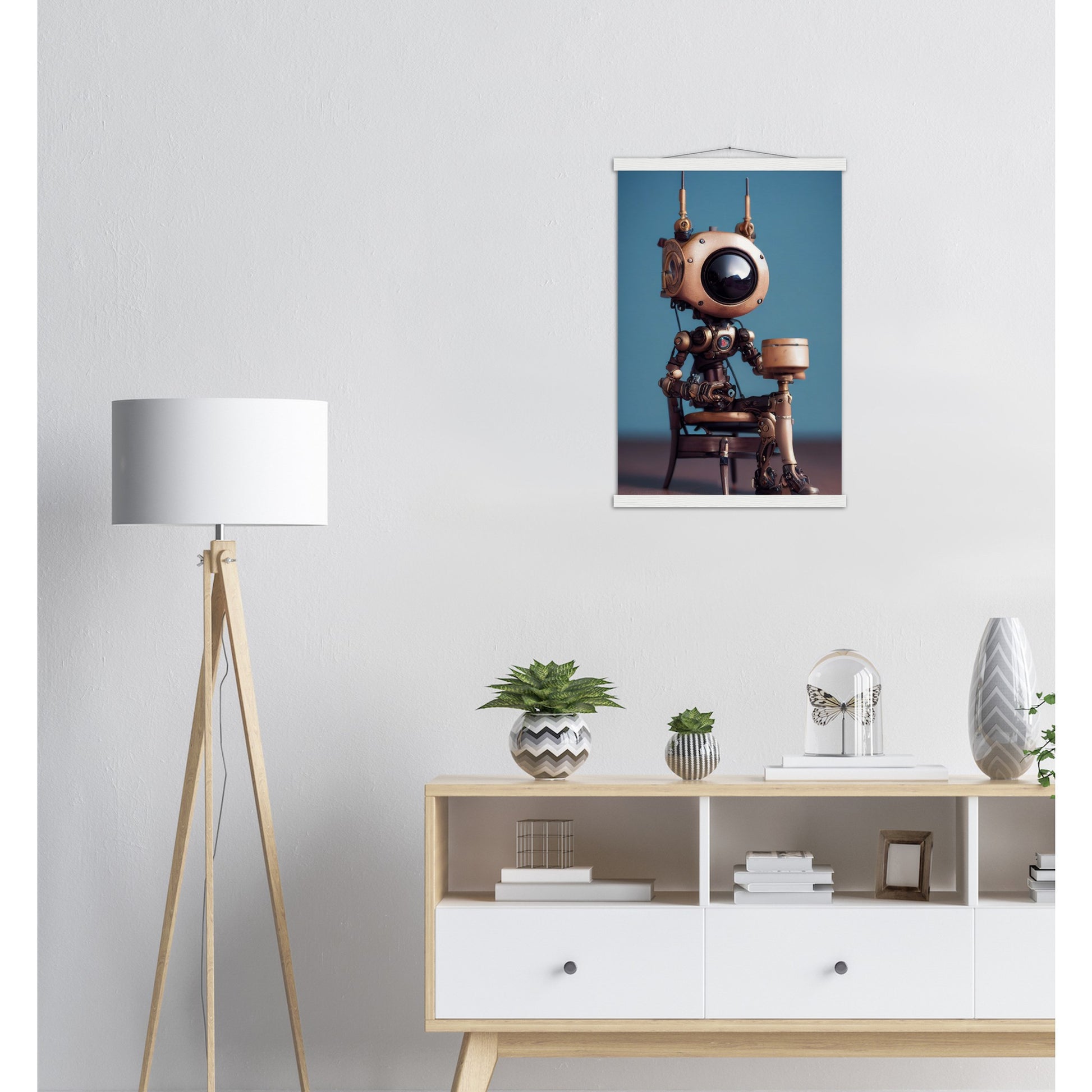 Poster mit Leisten (Holz) in Museumsqualität - Tiny robot with a present - "Tiny Sam" - Wandbild - Customizable Coffee Cup - Personalized Gifts - Kunstdruck - Roboter mit Geschenk - Steampunk - Acryldruck - Present Robots - Personalized Gifts - Poster with frame - nr.5 lebt - zukunft - Kunstwerk - Office Poster - Poster mit Rahmen - Kaffee Tasse  - Bedruckte Tassen - Kunst Marke - Art Brand - Wandbild - Kunstdrucke - Künstler: John Grayst & Pixelboys - emotional robots - Geschenkidee - Wall Art -