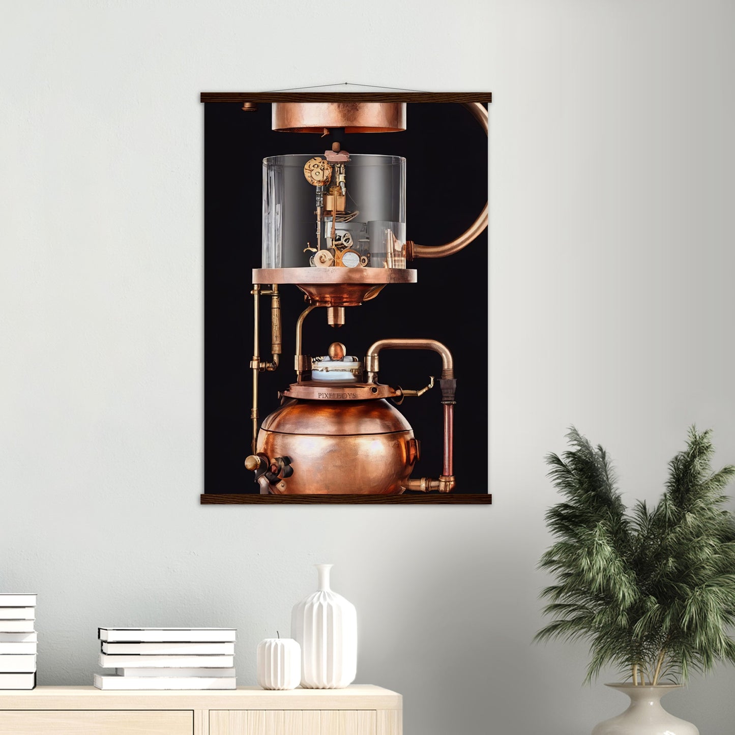 Poster mit Leisten (Holz) - Steampunk - Coffee Maker - No.6 - Collection Cup - Pixelboys - Wandbild - Kunstwerk - Hotelkunst - Kunst auf Postern - Fine Art - Steampunk - Future - Maschine - Poster with frame - Office Poster - Art Brand - Pixelboys - Coffee House - Restaurant Poster - Wall Art - Kunstdruck - Geschenkidee - Kunst auf Acrylglas - Future Coffee Cup - Personalisierbare Tasse - Gastro Tasse - exklusiv - Acryldruck - Gastronomie Poster - Hotelposter - Teestube - Steam Punk Kitchen -   