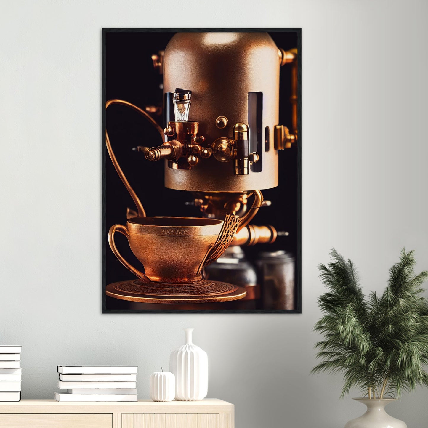 Poster mit Rahmen (Holz) - Steampunk - Coffee Maker - No.7 - Collection Cup - Pixelboys - Wandbild - Kunstwerk - Hotelkunst - Kunst auf Postern - Fine Art - Steampunk - Future - Maschine - Poster with frame - Office Poster - Art Brand - Pixelboys - Coffee House - Restaurant Poster - Wall Art - Kunstdruck - Geschenkidee - Kunst auf Acrylglas - Future Coffee Cup - Personalisierbare Tasse - Gastro Tasse - exklusiv - Acryldruck - Gastronomie Poster - Hotelposter - Teestube - Steam Punk Kitchen -   