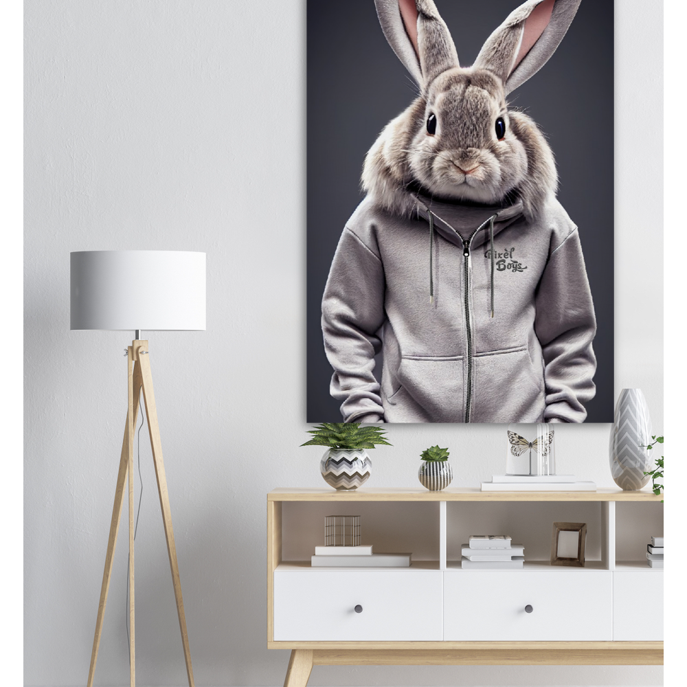 Poster in Museumsqualität - Bunny in grey Tracksuit - "Titus" - Fashion Gang - Becher - Ostern - Geschenkidee - Osterhase - Bunny Crew: "Titus" - "Caesar" - "Constantin" - "Cleo" - Weisser Hase - Easter Bunny - Cute - grey tracksuit - sweats - Alice's Adventures in Wonderland - Modemarke - Pixelboys Brand - Constantin der Hase - Hase - Kaninchen  - Künstler: "Pixelboys" - Atelier - Germany - Berlin - Hamburg - Colgne - France - Paris - Italy - Rom - USA - America - New York City - Los Angeles - Chicago - 