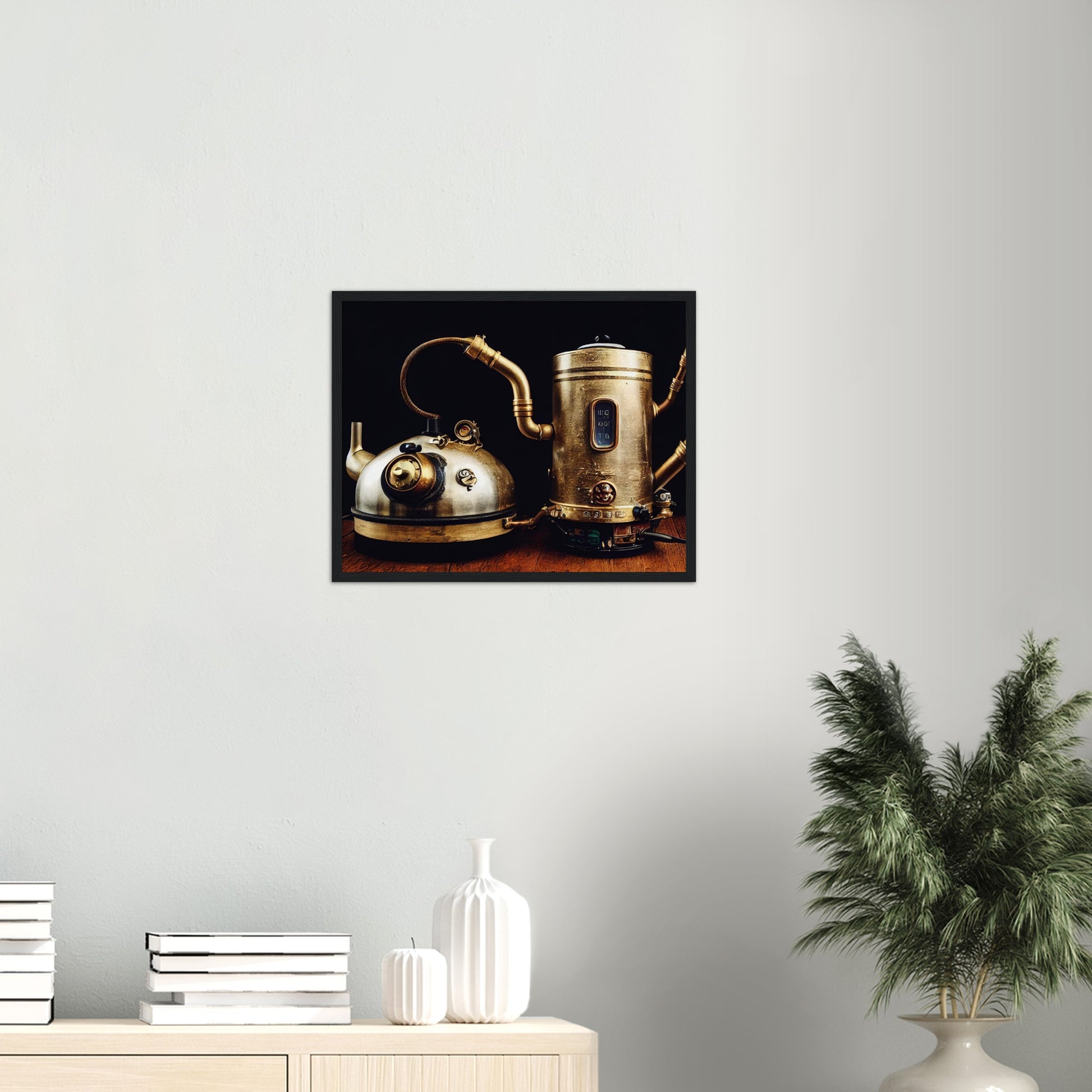 Poster mit Rahmen (Holz) in Museumsqualität - Steampunk - Coffee Maker - No.3 - Collection Cup - Pixelboys - Wandbild - Kunstwerk - Hotelkunst - Kunst auf Postern - Fine Art - Steampunk - Future - Maschine - Poster with frame - Office Poster - Art Brand - Pixelboys - Coffee House - Restaurant Poster - Wall Art - Kunstdruck - Geschenkidee - Kunst auf Acrylglas - Future Coffee Cup - Personalisierbare Tasse - Gastro Tasse - exklusiv - Gastronomie Poster - Hotelposter - Steam Punk Kitchen - 