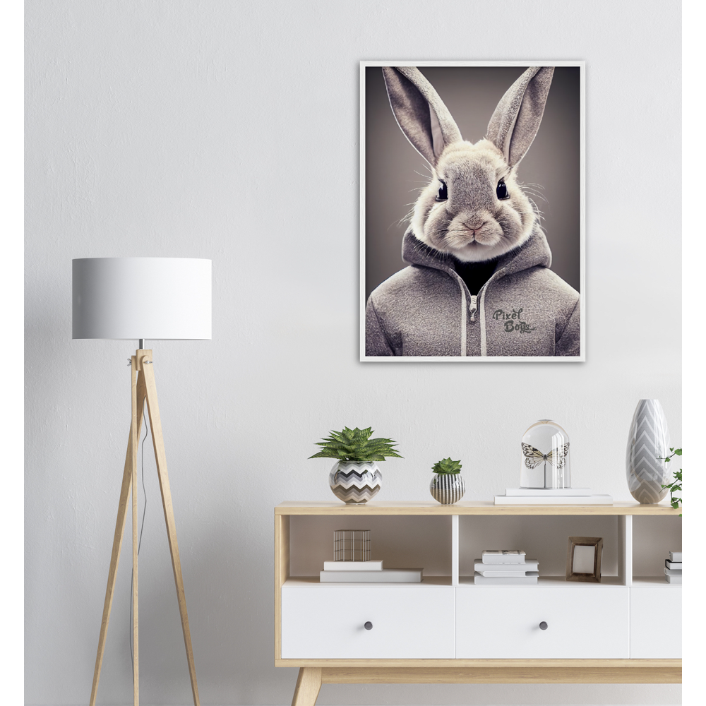 Poster mit Rahmen (Holz) - Bunny in grey Hoodie - "Constantin" - Fashion Gang - Wandbild - Ostern - Geschenkidee - Osterhase - Bunny Crew: "Constantin" - "Caesar" - "Titus" - "Cleo" - Weisser Hase - Easter Bunny - Cute - grey Hoodie - sweats - Alice's Adventures in Wonderland - Modemarke - Pixelboys Brand - Constantin der Hase - Hase - Kaninchen  - Künstler: "Pixelboys" - Atelier - Germany - Berlin - Hamburg - Colgne - France - Paris - Italy - Rom - USA - America - New York City - Los Angeles - Chicago - 