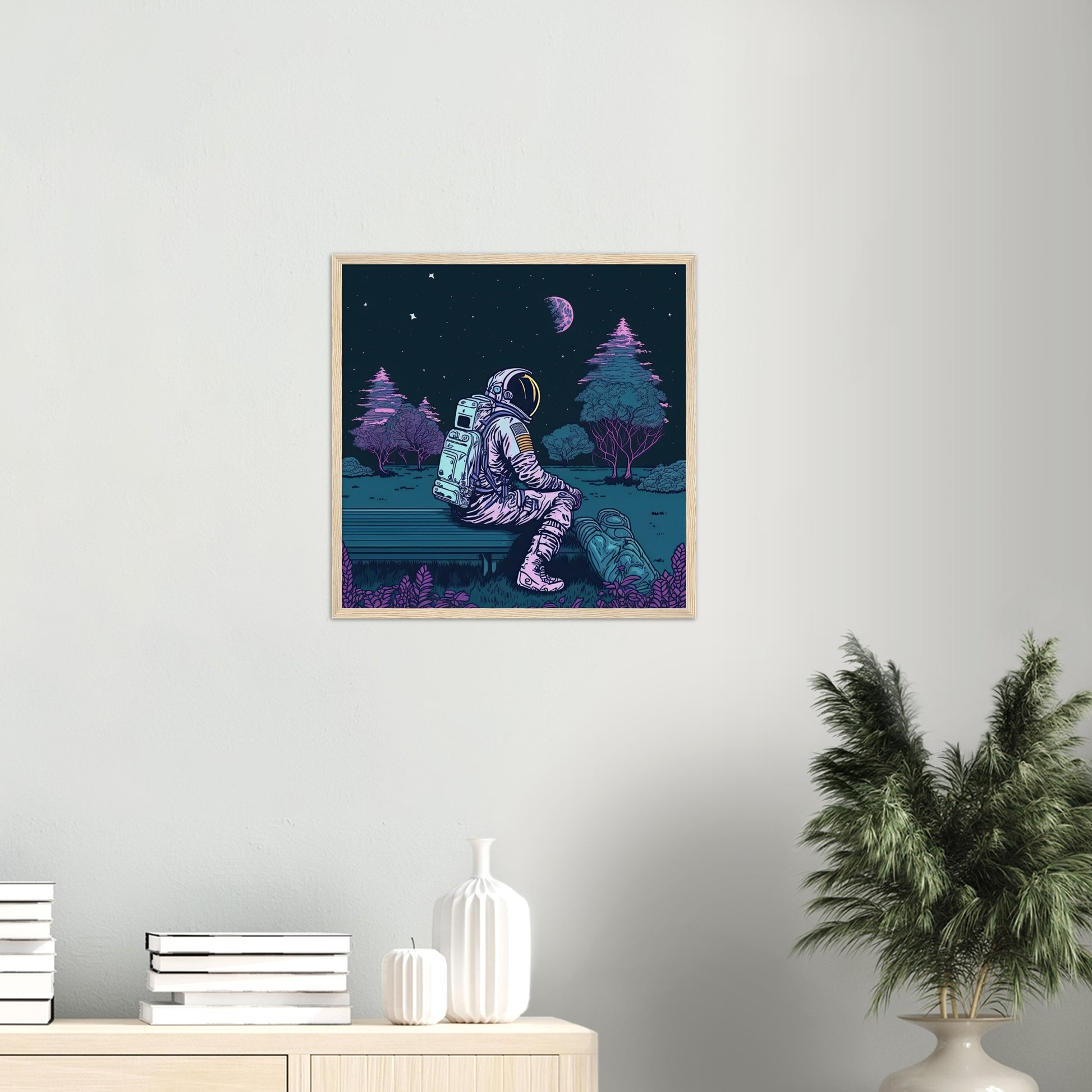 Poster mit Rahmen (Holz) - in Museumsqualität - Stargazing Astronaut - John - Illustration - Astronaut - Parkbank - Rocketman - Posterleisten - USA - Fineart - Posterrahmen  - Wandkunst - Holzrahmen - Poster with frame - artwork - art brand - printed cup personalized - Holzleisten - pixelboys - Kunstdrucke - wandbilder - wall art - Kunst auf Tassen  - Office Poster - Gastrotassen - Wanddekoration - Acrylkunst - Geschenkidee - Office Poster - Acryldruck - Abstrakte Kunst -